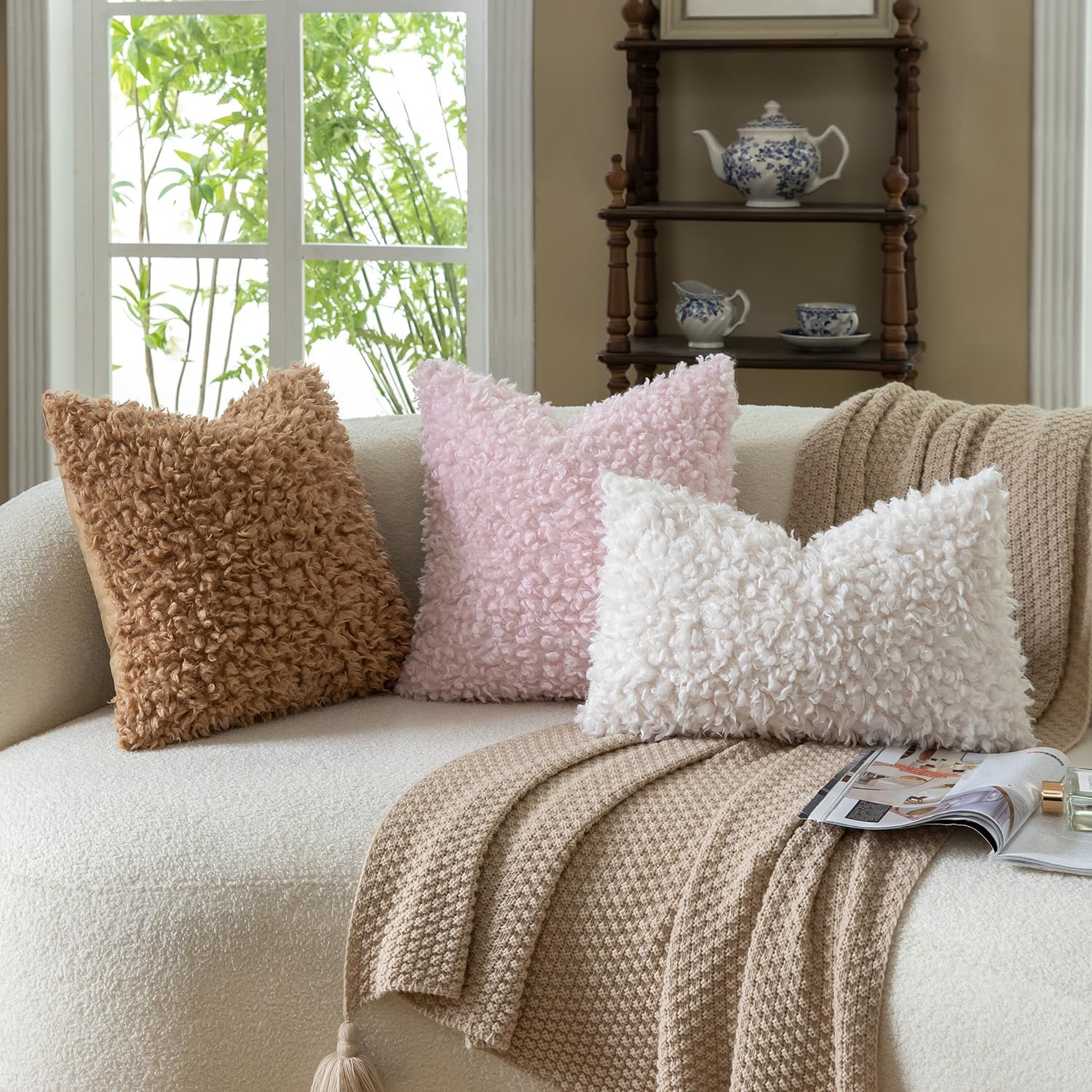 Faux Fur Throw Pillow Covers Boucle Decorative Sherpa Pillow / Cream White / 18 x 18 / Set of 2