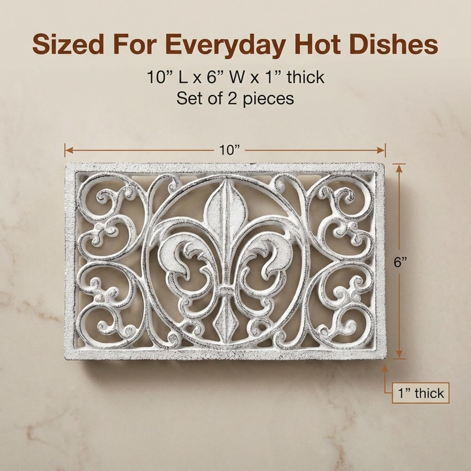 Lulu Decor, Cast Iron 10" x 6" Rectangle Fleur de lis Trivet Set of 2 pcs, for Hot Dishes or Pots - Durable Kitchen Mat