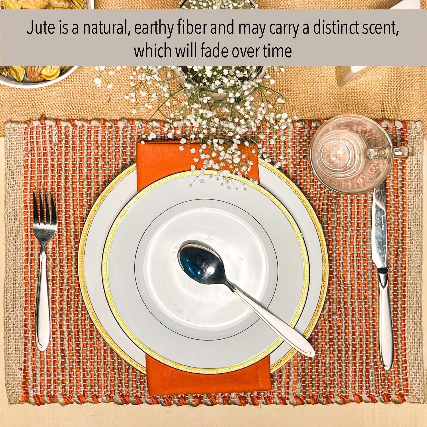 Natural Jute & Rust Orange Placemats, Set of 4 – Rustic Handmade Boho Table Mats, 13x19 Inch Dining Table Placemats for