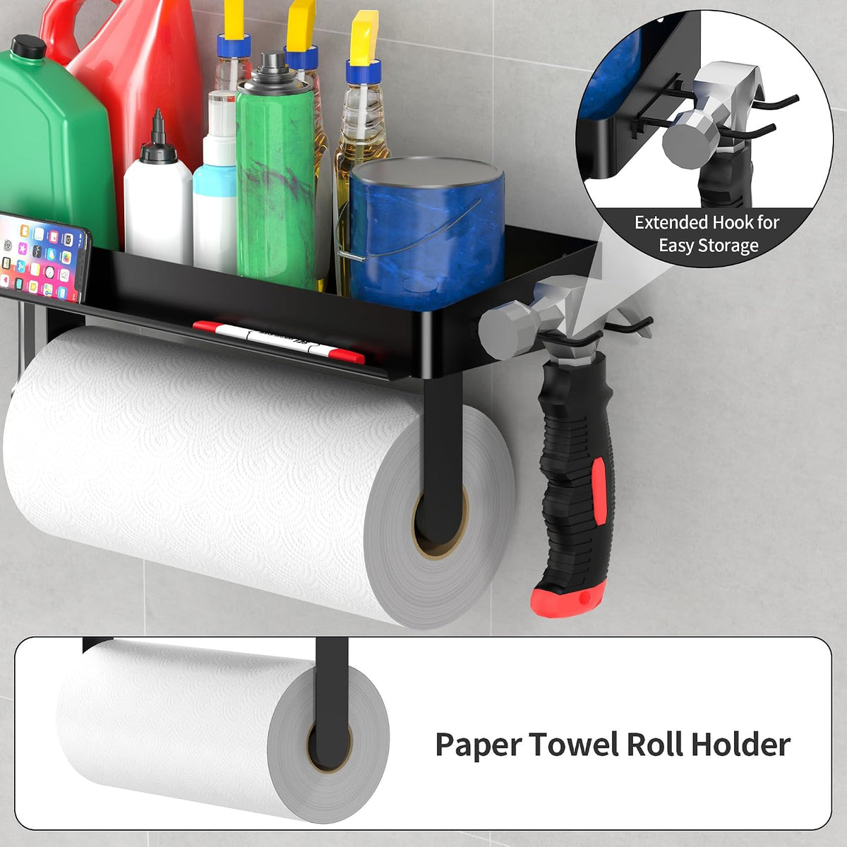YIGII Wall Mount Paper Towel Holder with Phone Stand, Garage Papertowel Holder with Shelf and 4 Extended Hooks, Heavy