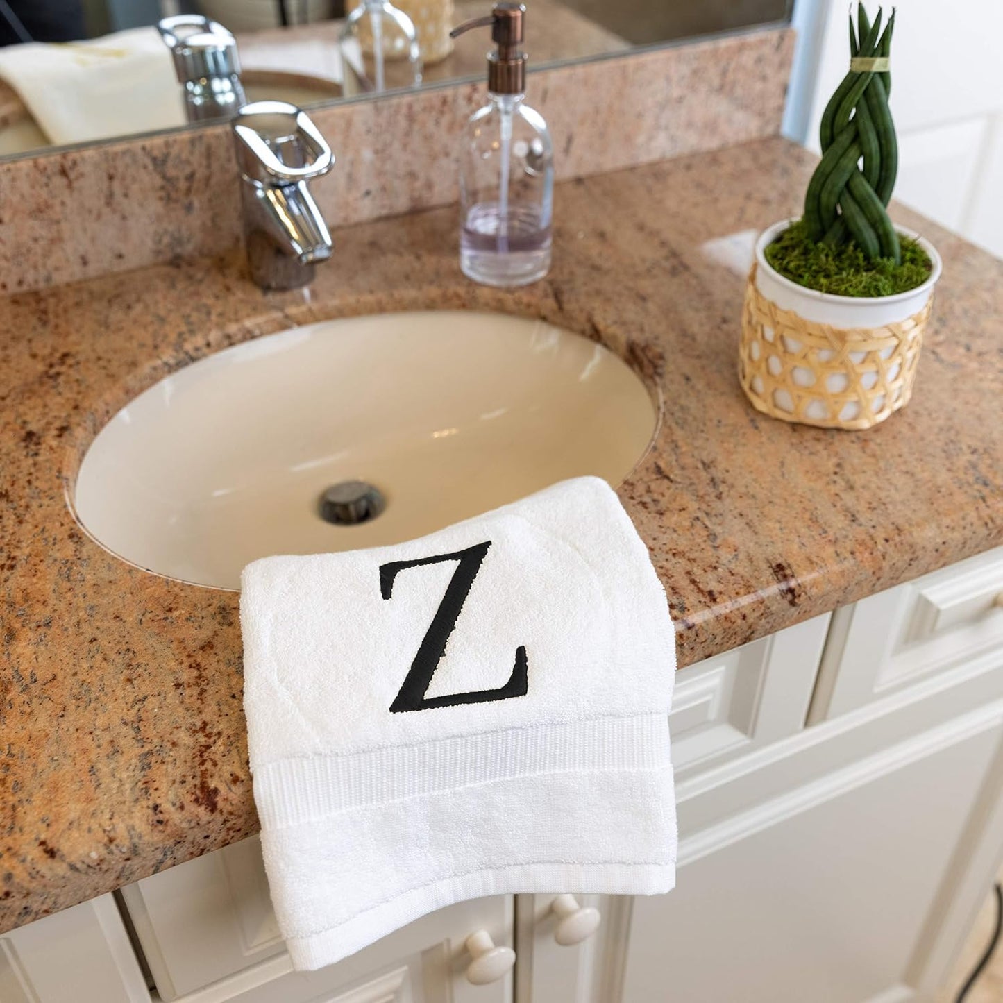 White with Black Monogrammed Hand Towels for Bathroom - Set of 2 Letter Z | Luxury Hotel Quality Initial Towels For