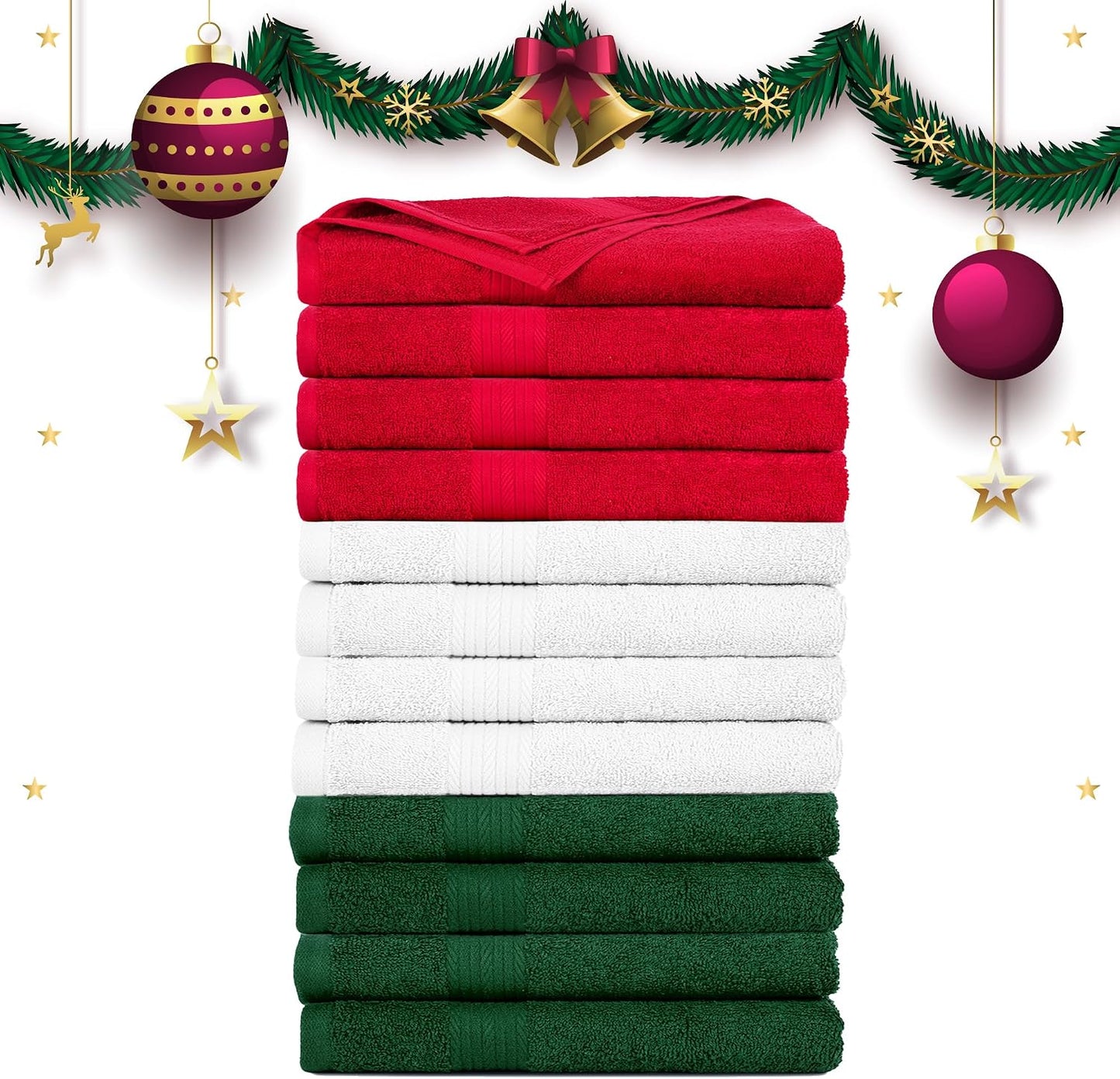 100% Cotton Hand Towels 18x28 Inches, 600 GSM, Soft & Absorbent, Set of 12, White, Red & Green