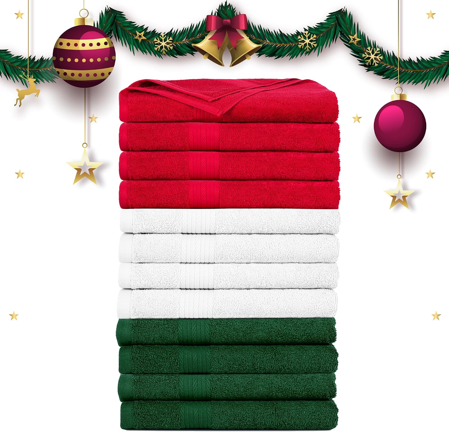 100% Cotton Hand Towels 18x28 Inches, 600 GSM, Soft & Absorbent, Set of 12, White, Red & Green