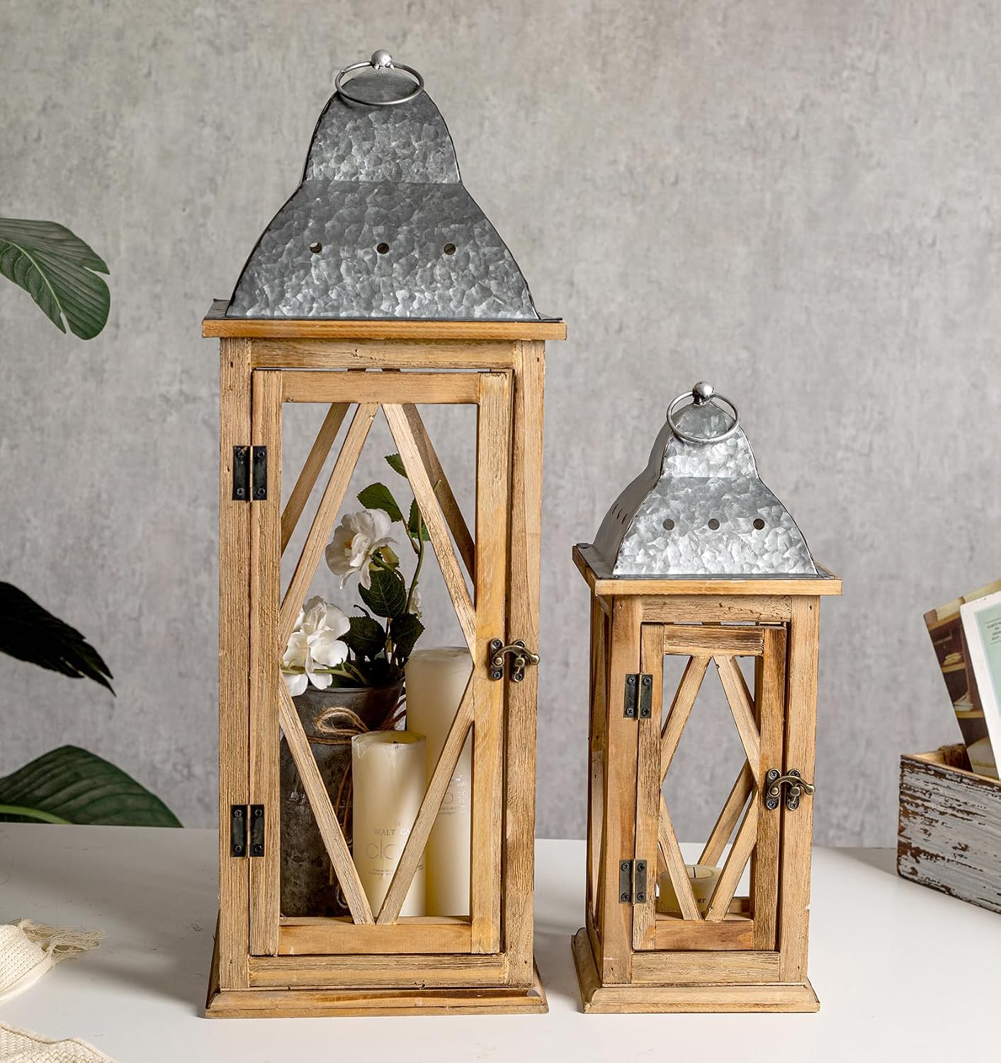 Large Farmhouse Wooden Metal Lantern Set of 2, Rustic Decorative Floor Candle Lanterns, Indoor/Outdoor Hanging Lanterns