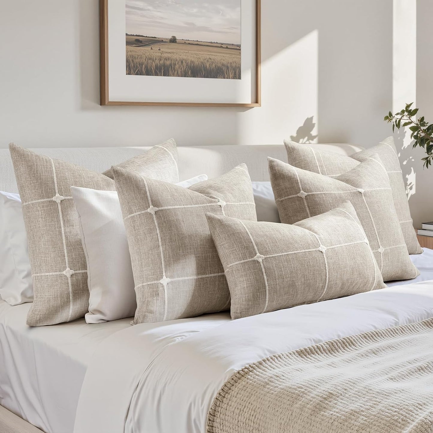 Tan Farmhouse Pillow Covers / Tan Plaid / 18 x 18 / Set of 2