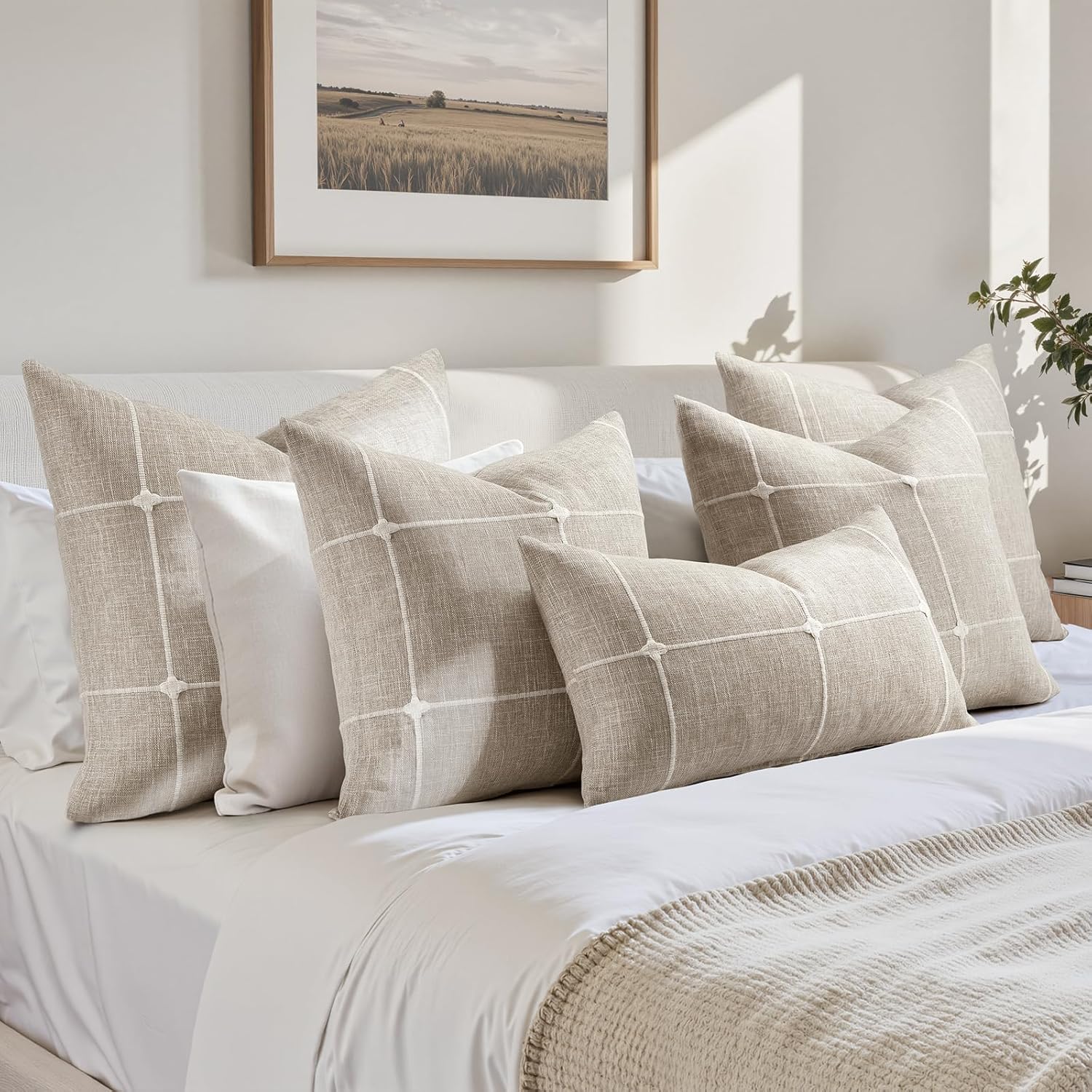 Tan Farmhouse Pillow Covers / Tan Plaid / 18 x 18 / Set of 2