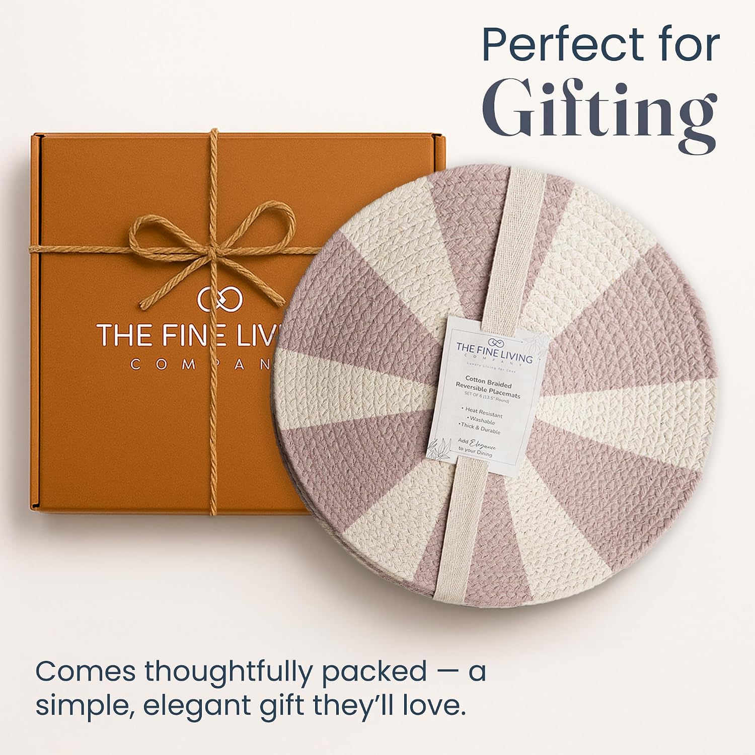 The Fine Living Braided Cotton Placemats, Round Table Mats, Set of 6,13.5" | Washable Anti-Slip Heat Resistant Braided