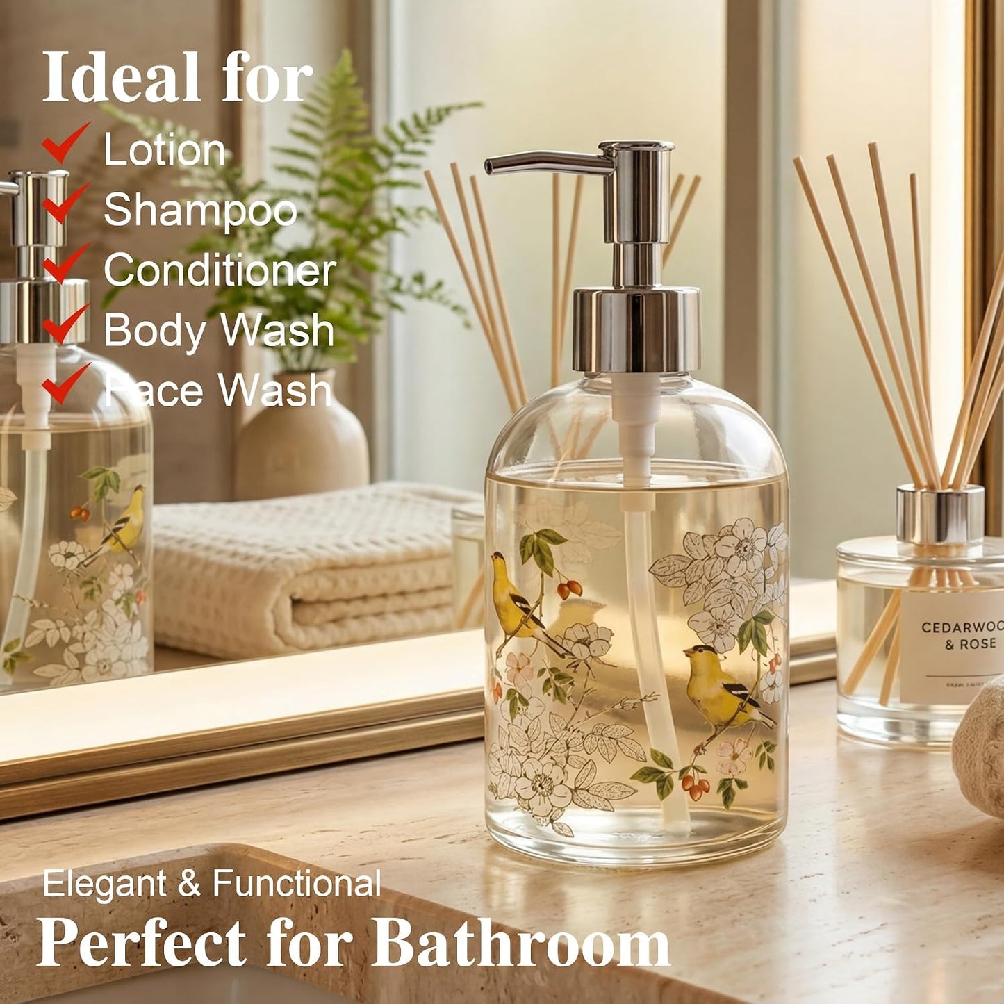 Topadorn Glass Soap Dispenser Set, Hand & Dish Soap Bottles with Pump | 2 Pack Botanical Glass Bottles • Vintage Floral