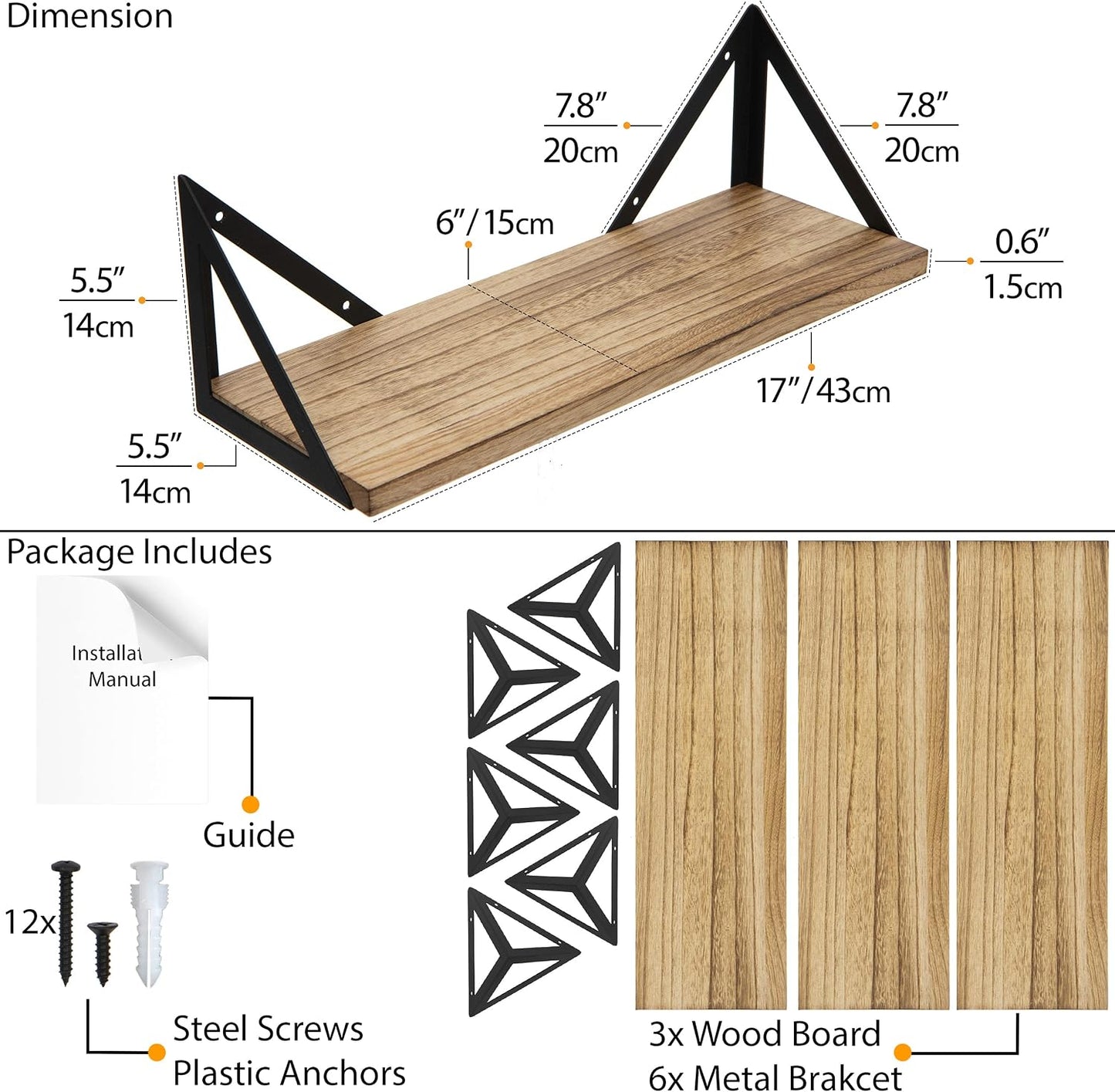 Wallniture Minori Floating Shelves Set of 3, Small Bookshelf Unit for Living Room, Office, and Bedroom, Natural Burned
