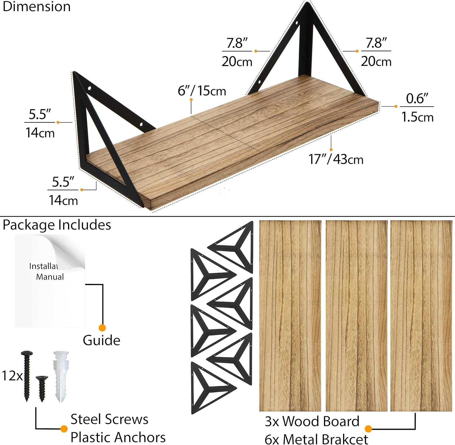 Wallniture Minori Floating Shelves Set of 3, Small Bookshelf Unit for Living Room, Office, and Bedroom, Natural Burned