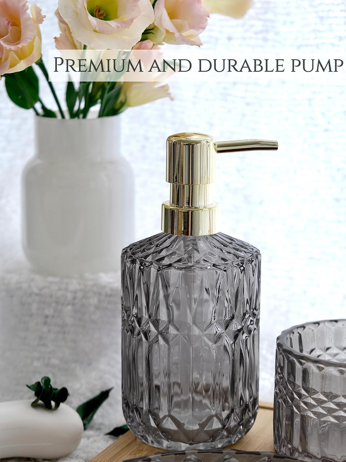 LaMarriti Gray Bathroom Accessories Set, 5Pcs Glass Bathroom Set | Soap Dispenser and Toothbrush Holder Set, Soap Dish
