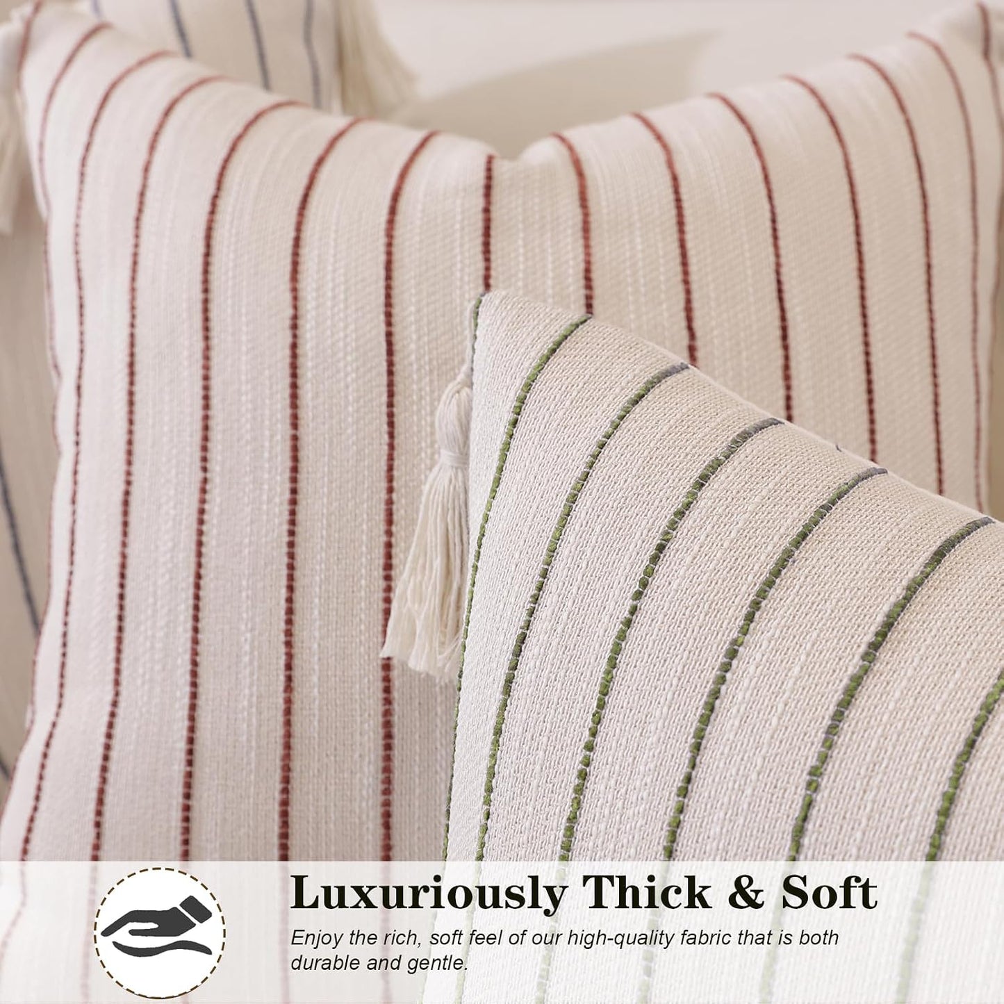 Decorative Boho Throw Pillow Covers / Dusky Green Striped / 18 x 18 / Set of 2