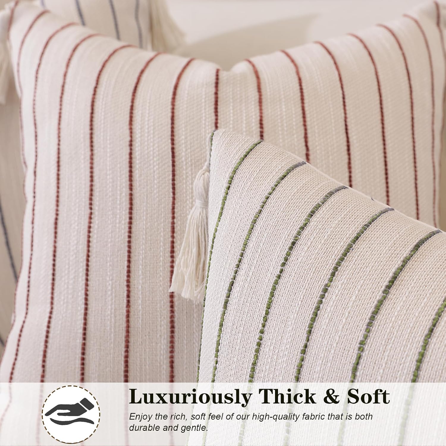 Decorative Boho Throw Pillow Covers / Dusky Green Striped / 18 x 18 / Set of 2