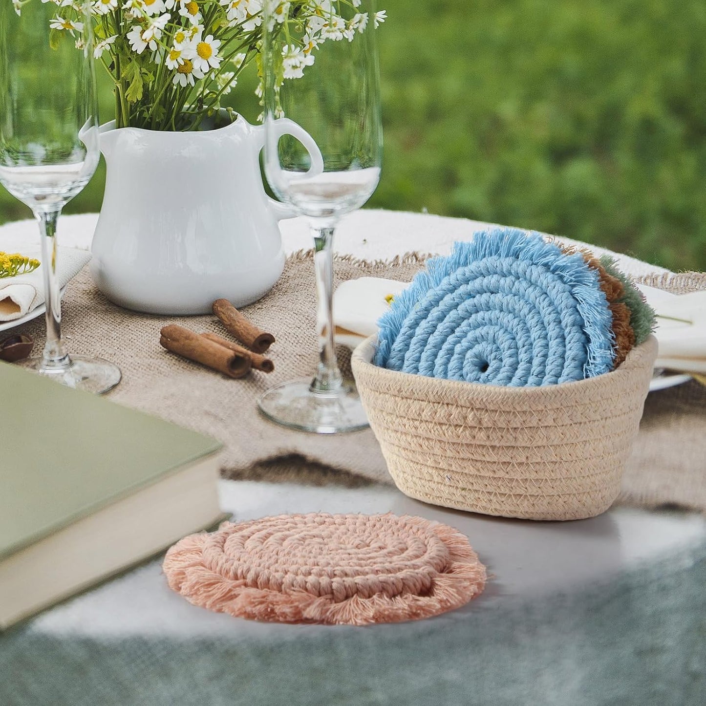 Holder Farmhouse Tassel Macrame Cup Mat / Morandi / Set of 6