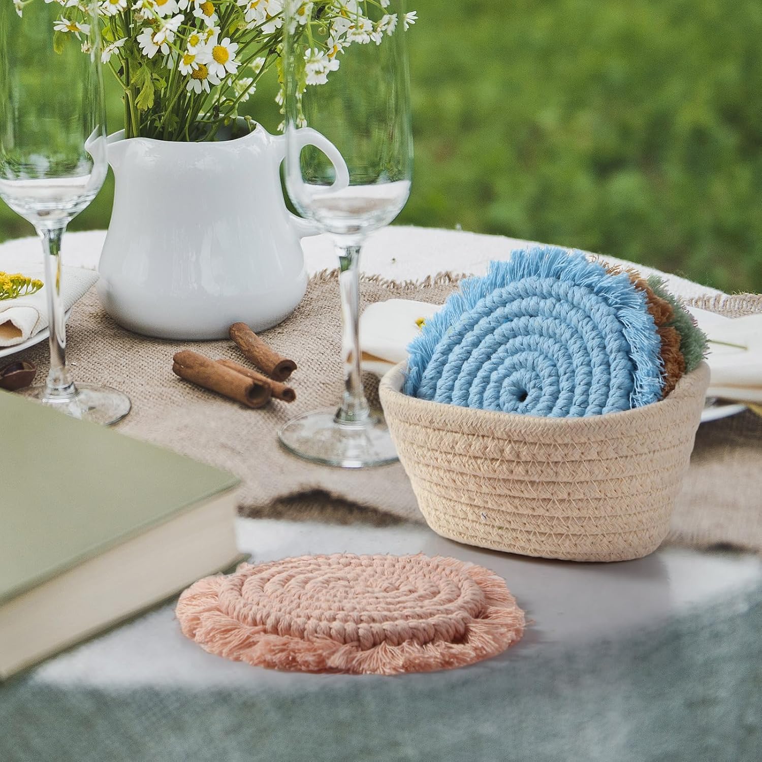 Holder Farmhouse Tassel Macrame Cup Mat / Morandi / Set of 6