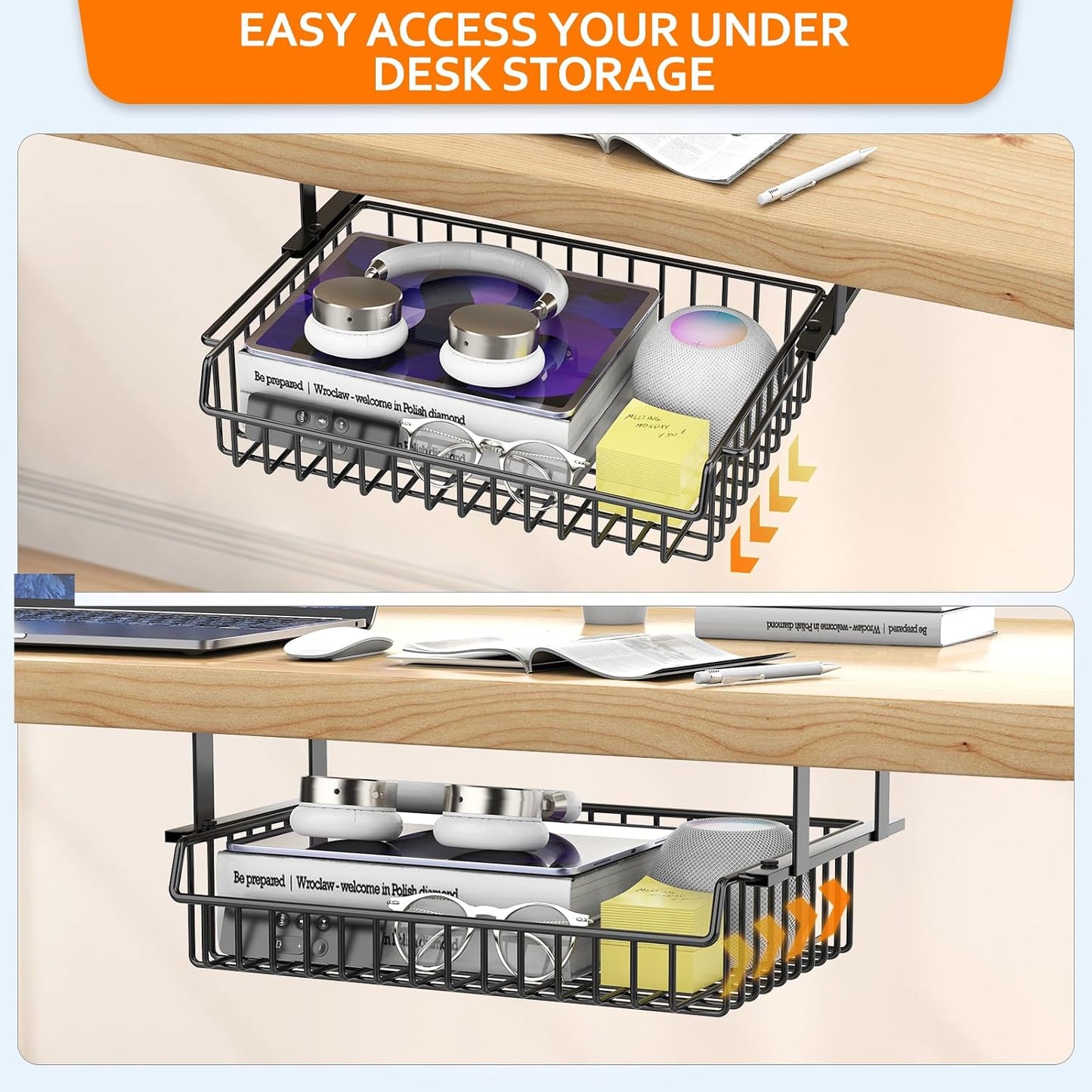 ENONCI Under Desk Drawer Slide Out No Drill Metal Storage Cabinet | Shelf Storage Basket Cabinet, Under Table Drawer