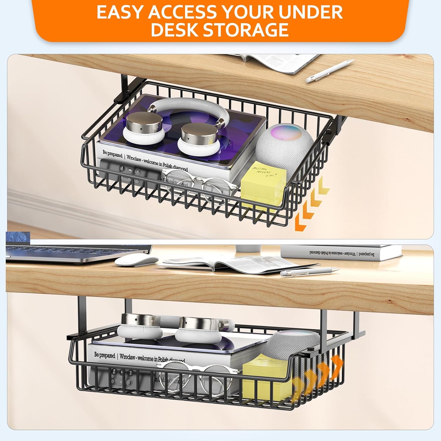 ENONCI Under Desk Drawer Slide Out No Drill Metal Storage Cabinet | Shelf Storage Basket Cabinet, Under Table Drawer
