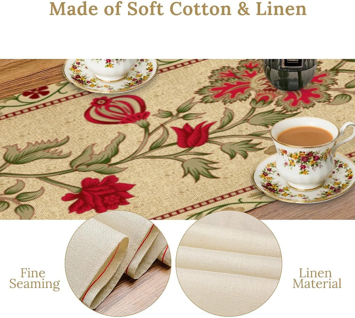 Rustic Floral Table Runner, Ethnic Style Leaf Flower Art Design Patterns Printed Linen Table Runner for Home Kitchen