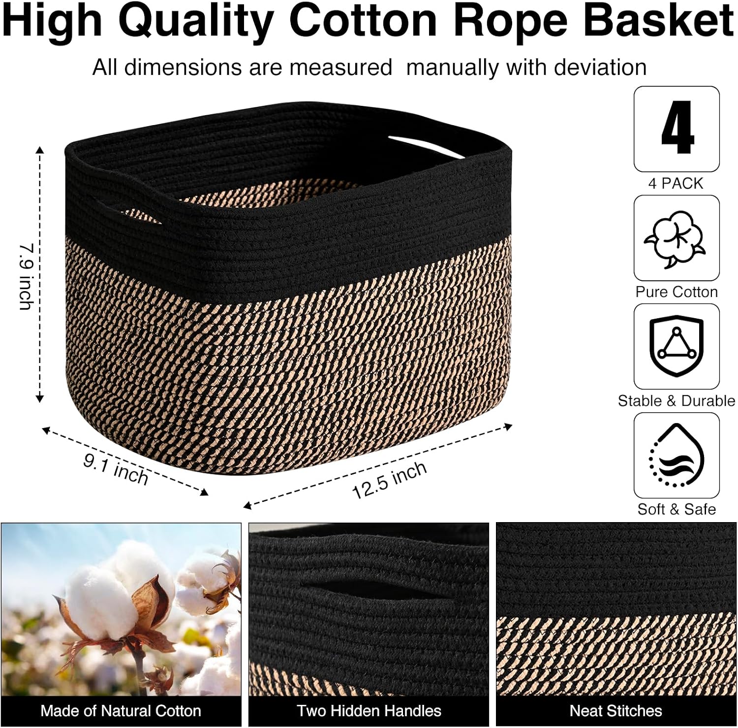 Woven Cotton Rope Baskets for Storage / Black & Jute