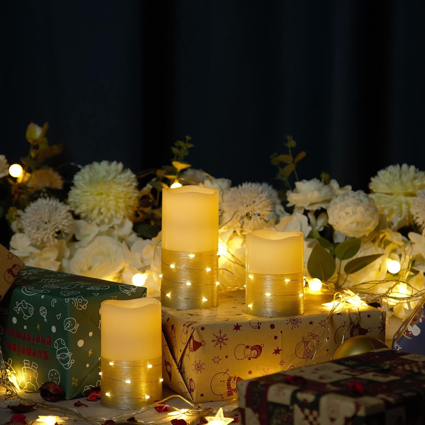 H-BLOSSOM Flickering Flameless Candles Ivory Real Wax Pillar with Embedded String Lights LED Candles Battery Operated