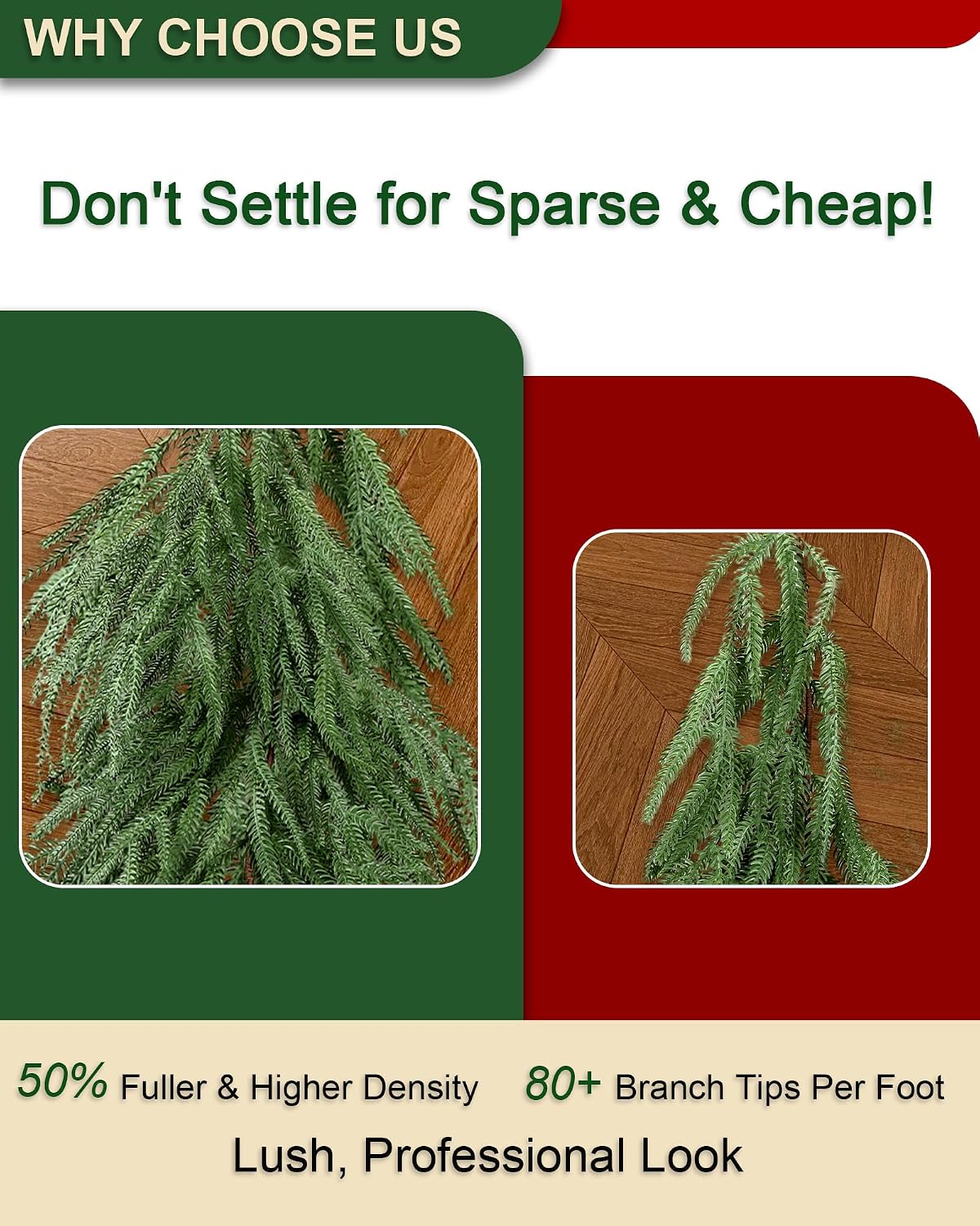 12FT (2 * 6FT) Artificial Christmas Garland, Real Touch Norfolk Pine Greenery Garland, Ultra Full & Lush Unlit Garland