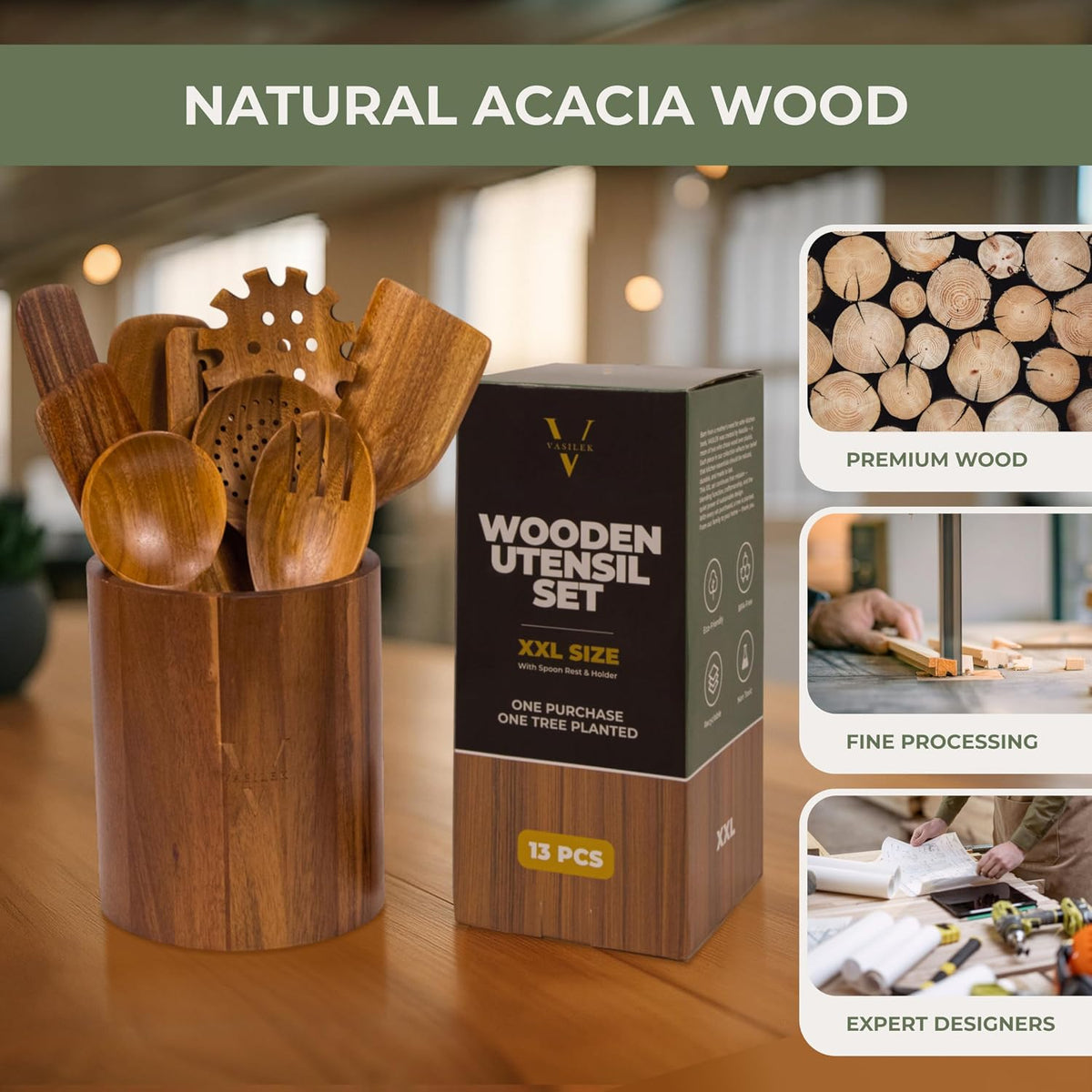 Vasilek Wooden Utensil Set XXl – 13 Piece Acacia Wood Cooking Tools with Round Holder for Nonstick Cookware with Holder