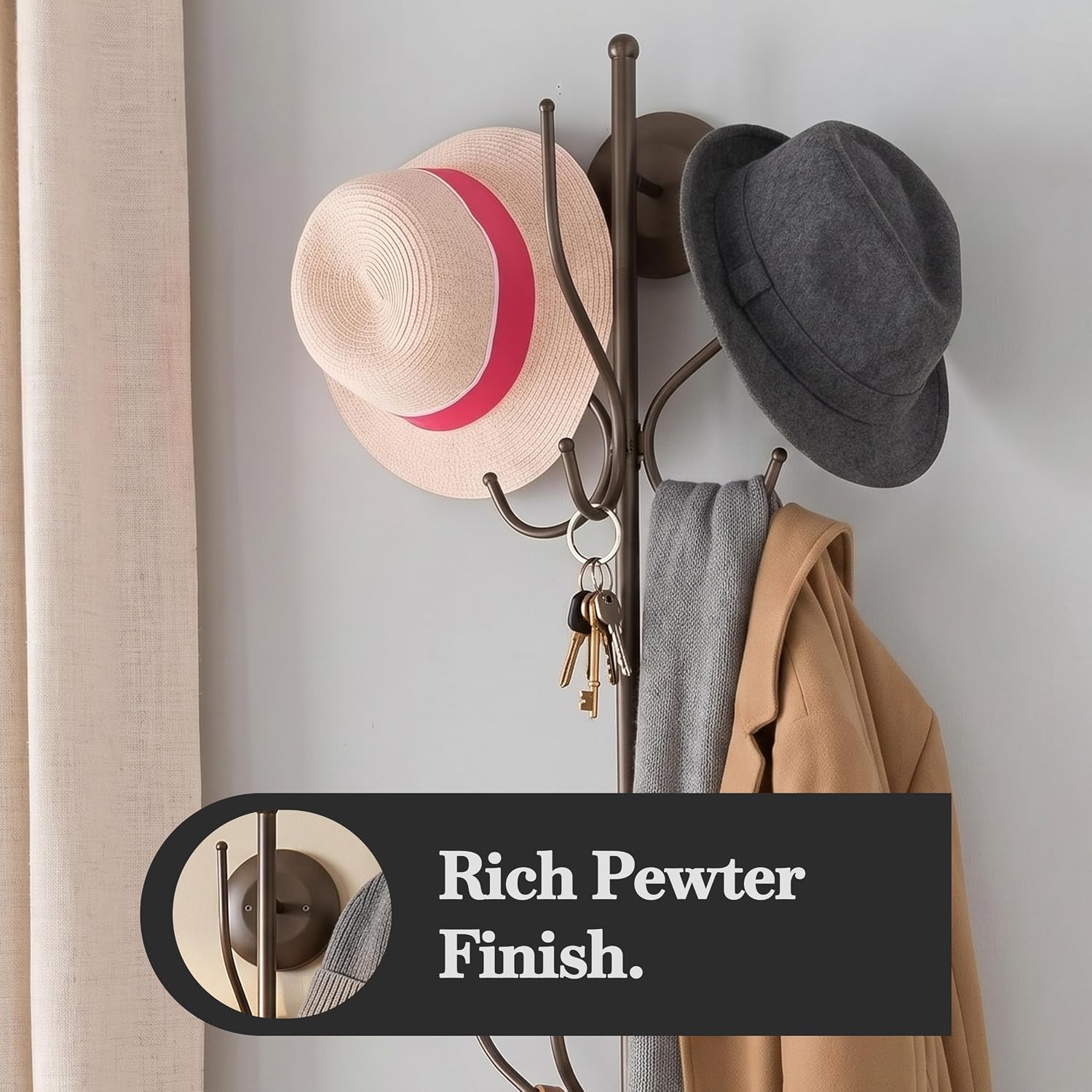 Kings Brand Furniture – Nino Metal 12 Hook Wall Mount Coat & Hat Rack, Pewter