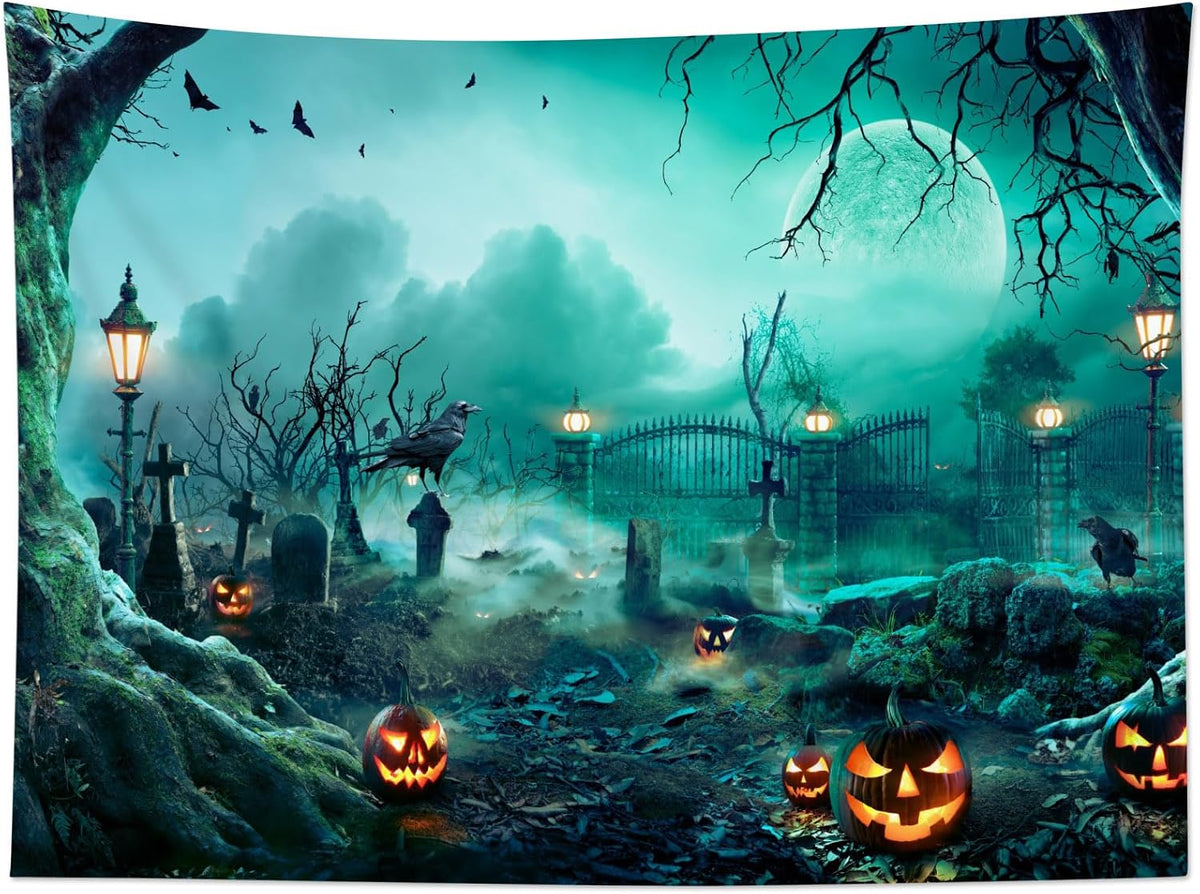 HVEST Halloween Tapestry Wall Hanging Black Crow Bat and Pumpkin in Scary Graveyard Forest Wall Art for Bedroom, Spooky Full Moon Night Tapestry for Living Room Holiday Wall Decor, 80W X 60H inches
