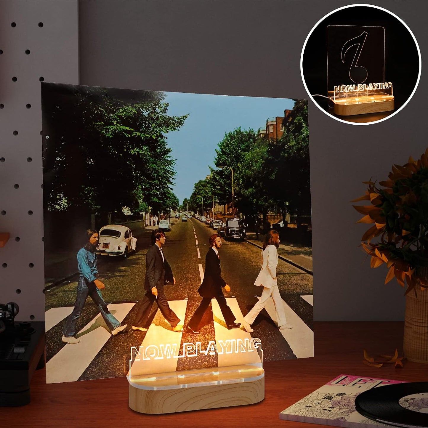 YuanDian Light up Now Playing Vinyl Record Stand, Now Spinning Record Stand, Wooden Acrylic Holder for Album Display