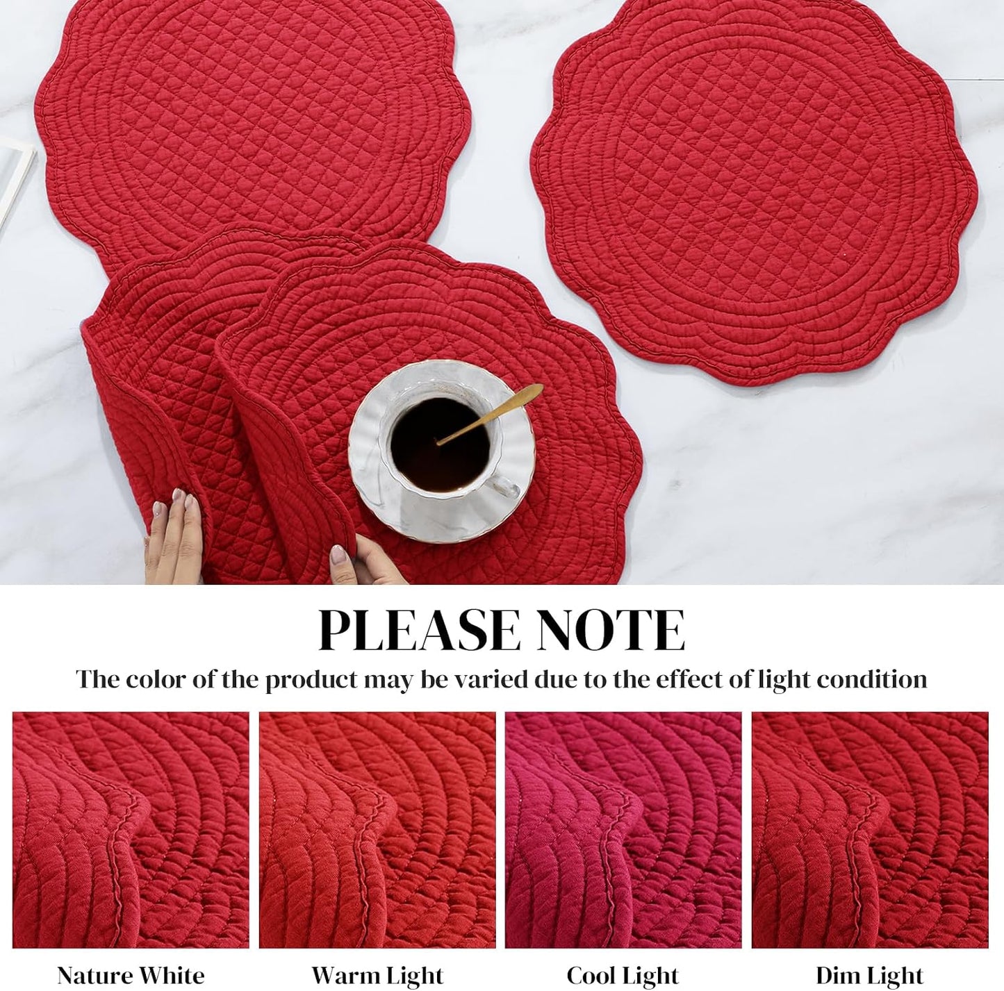 HOMBYS Quilted Placemats Set of 6 Washable Round Placemats for Kitchen Table-100% Cotton Fabric 14 Inch Round Table