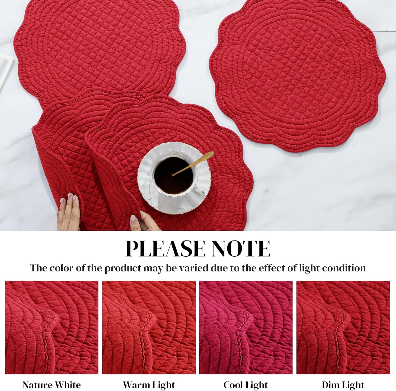 HOMBYS Quilted Placemats Set of 6 Washable Round Placemats for Kitchen Table-100% Cotton Fabric 14 Inch Round Table