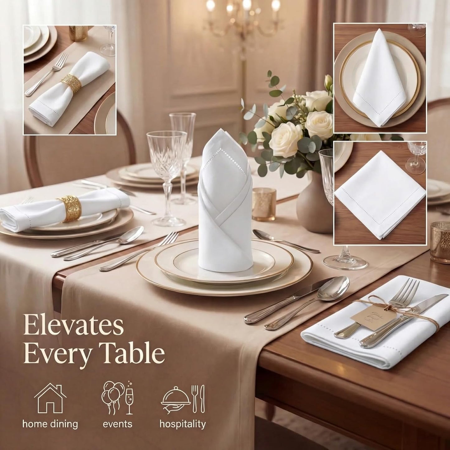 Urban Villa Cloth Napkins White Hemstitch Dinner Napkins Set of 12 (20X20) 100% Cotton Absorbent Washable Durable