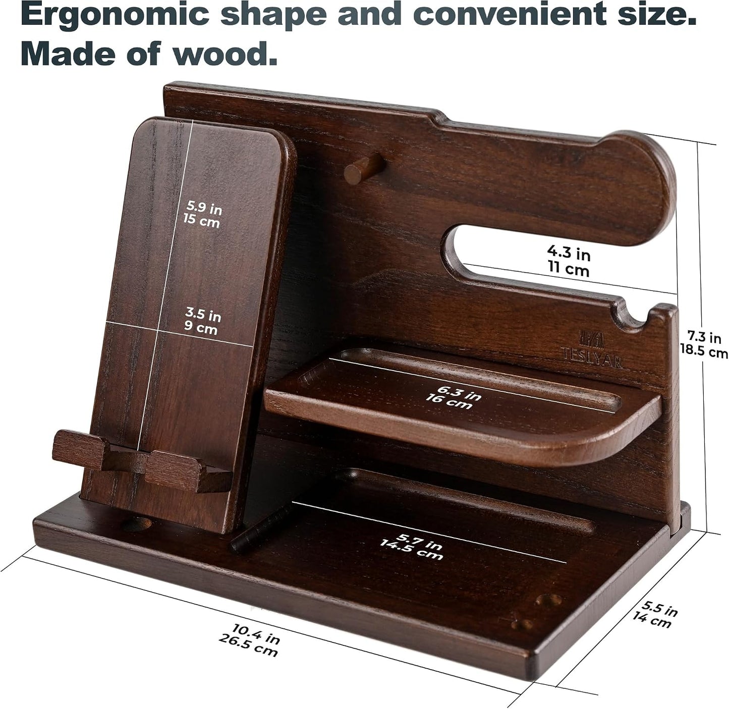 TESLYAR Wood Phone Docking Station for Men - Desk or Nightstand Organizer - Birthday Gifts for Husband, Dad
