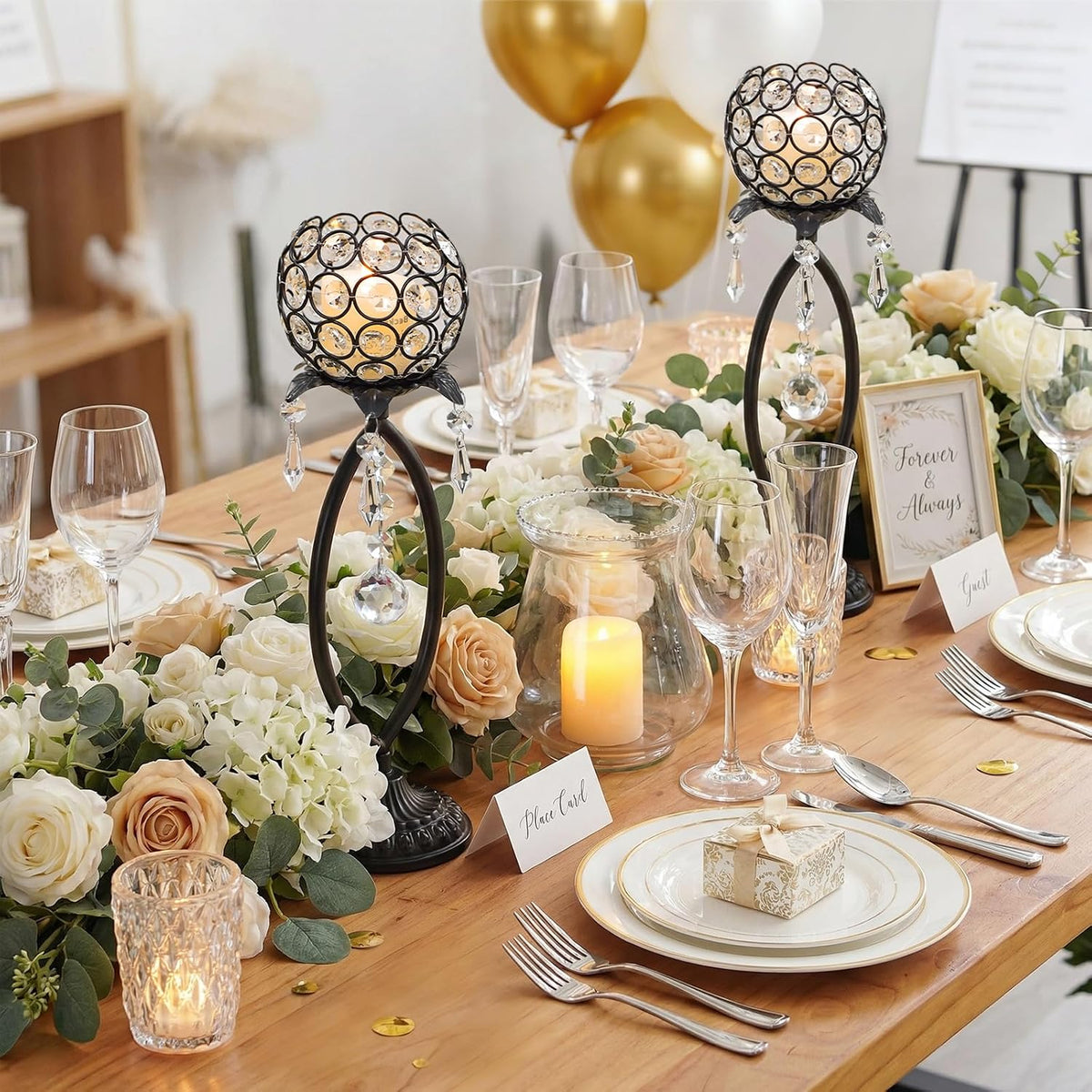 6 Pcs Black Elegant Metal Crystal Tea Light Candle Holders with Crystal Pendants, Hollow Design - Wedding Table