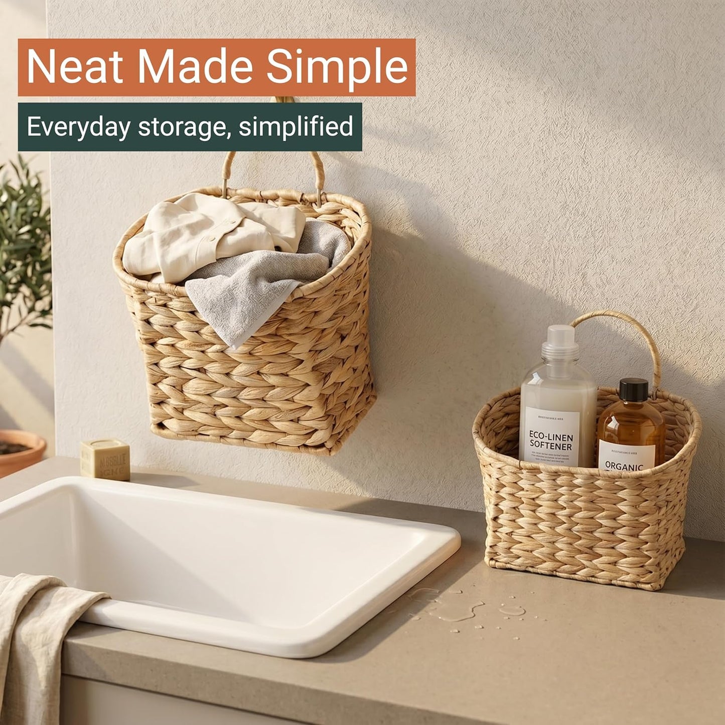 Wicker Wall Basket for Door / Water Hyacinth / Natural / Set of 2