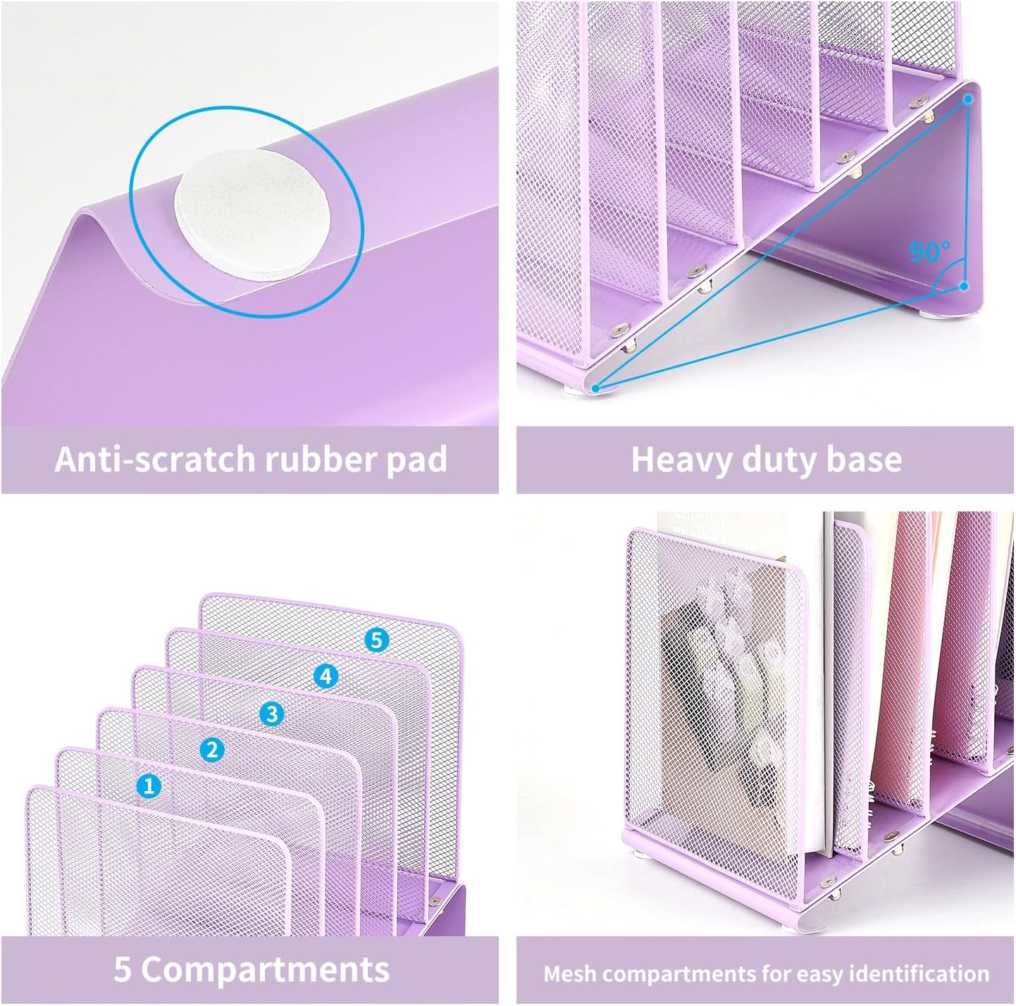 LEKETREE Purple File Organizer for Desk, Desk Organizer with 5-Section Vertical File Rack, File Folder Organizer