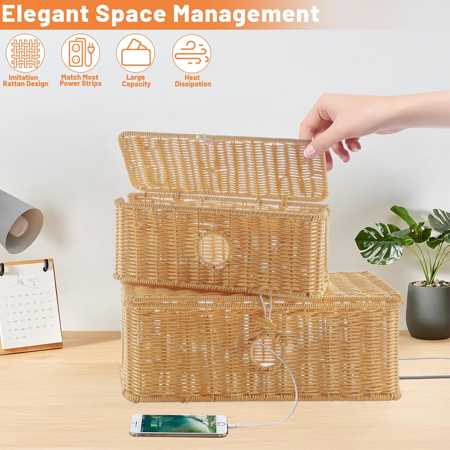 Handmade Cable Management Boxes Rattan Cable Organizer Large & Medium Cord Hider / Set of 2