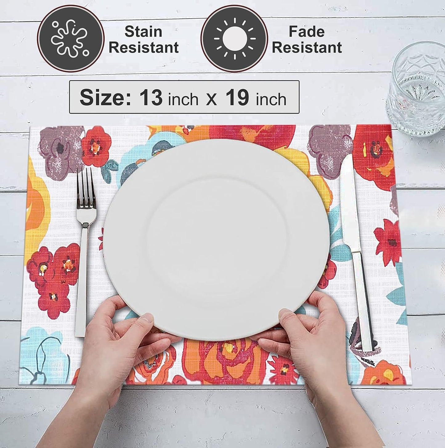 Ruvanti Placemats Set of 6, 100% Cotton Place Mats of 13"x19", Multi Flower | Heat, Stain resistant, Washable