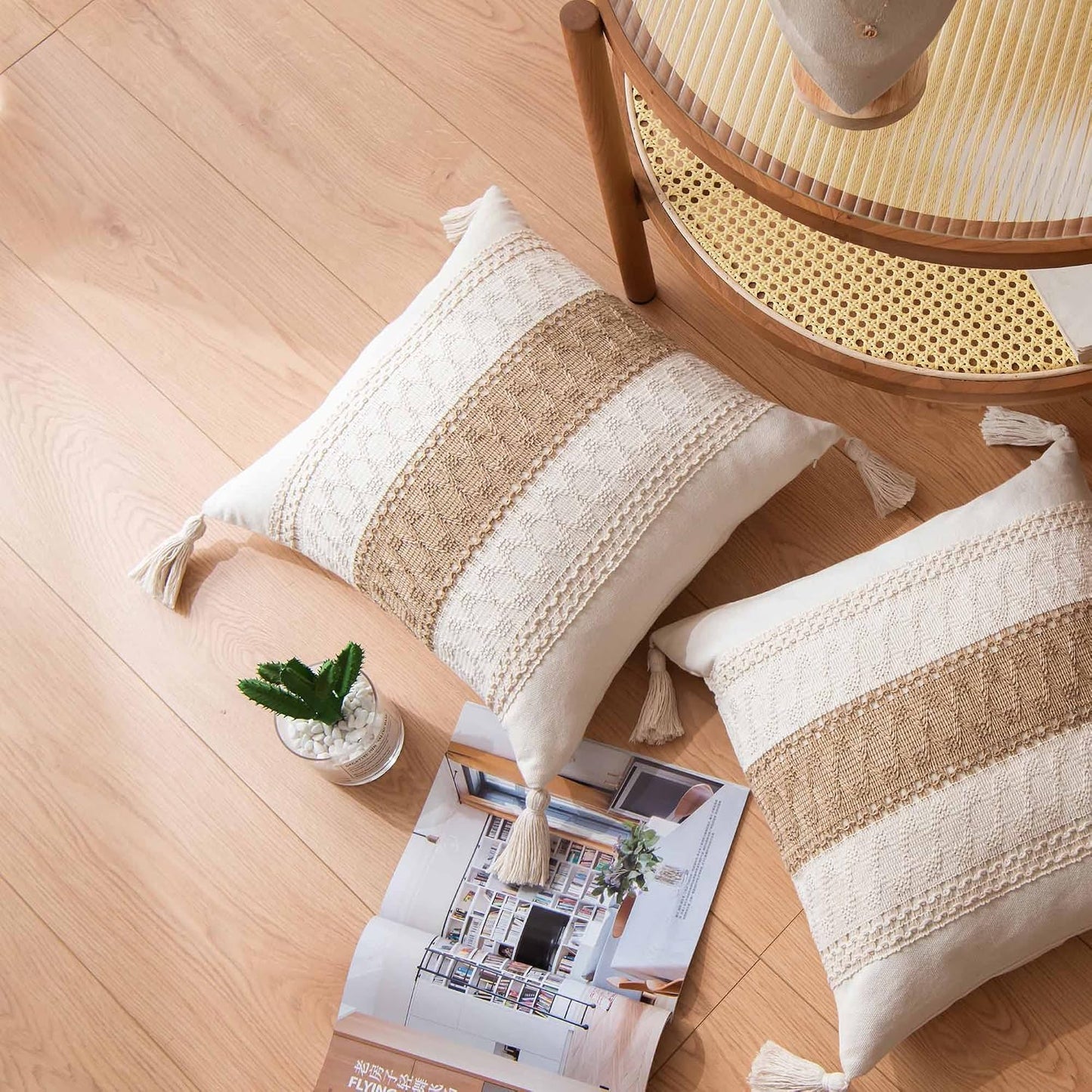 Decorative Boho Neutral Pillow / 18 x 18 / Single Stripe / Set of 2