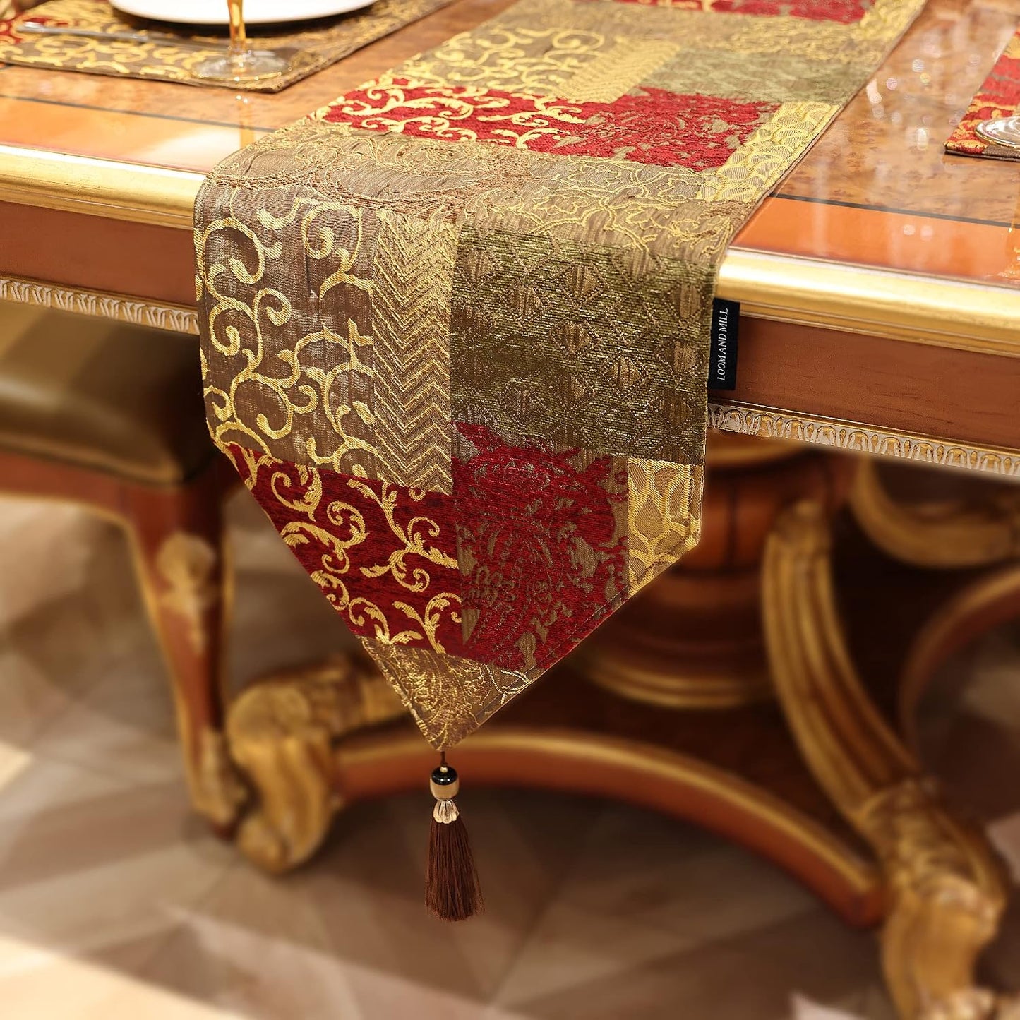 Loom and Mill Luxury Jacquard Table Runner 13x90 inch, Triangle-Red Gold | Patchwork Design Chenille Dining Table