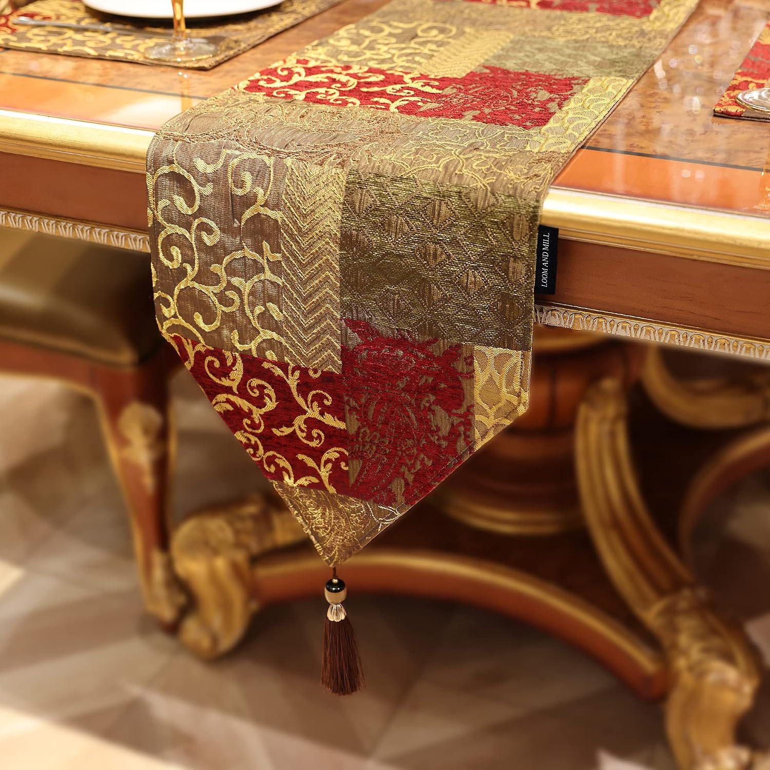 Loom and Mill Luxury Jacquard Table Runner 13x90 inch, Triangle-Red Gold | Patchwork Design Chenille Dining Table