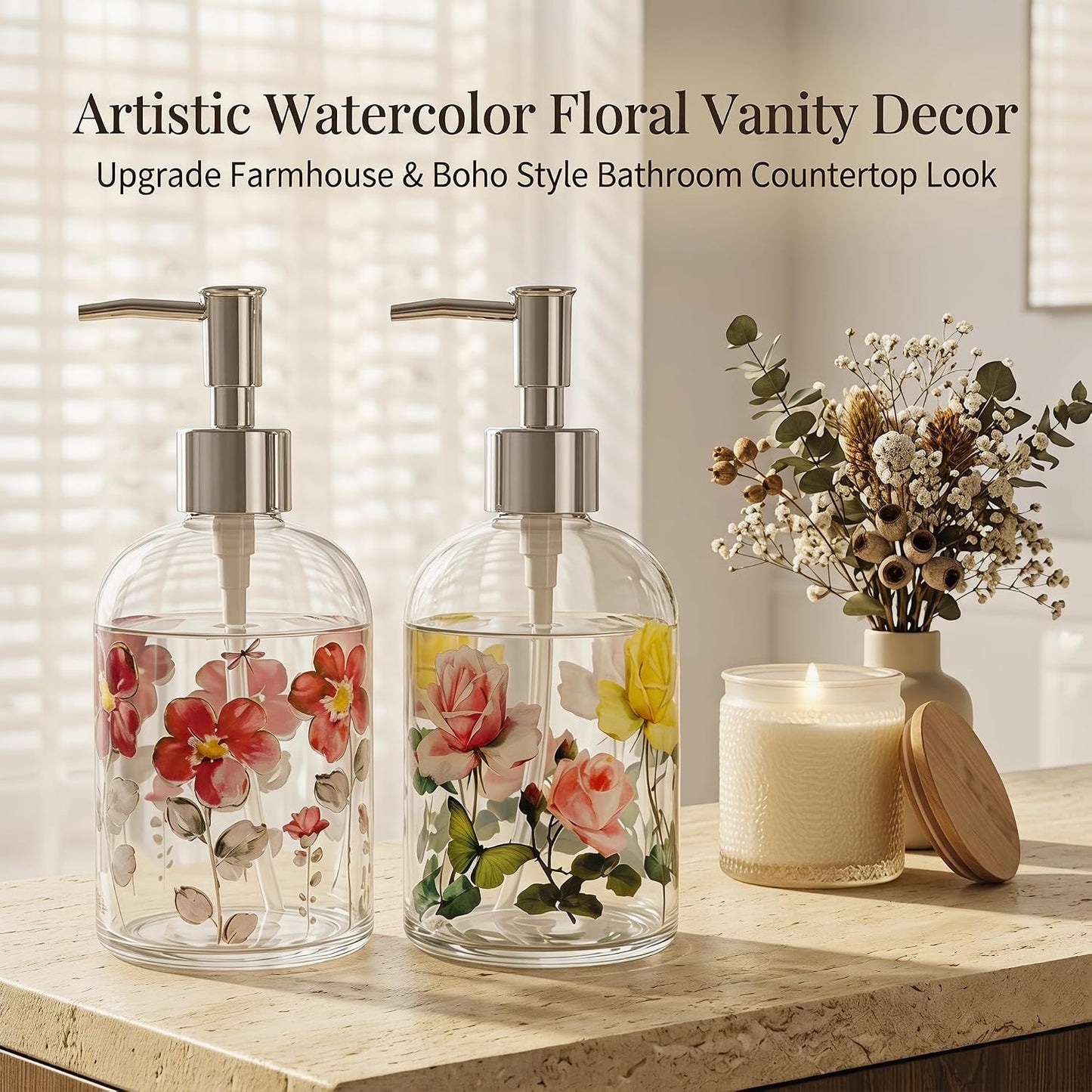 Topadorn 2 Pack Hand and Dish Soap Dispenser Set, Coordinated Floral | 17oz Glass Soap Dispensers with Pump, Refillable