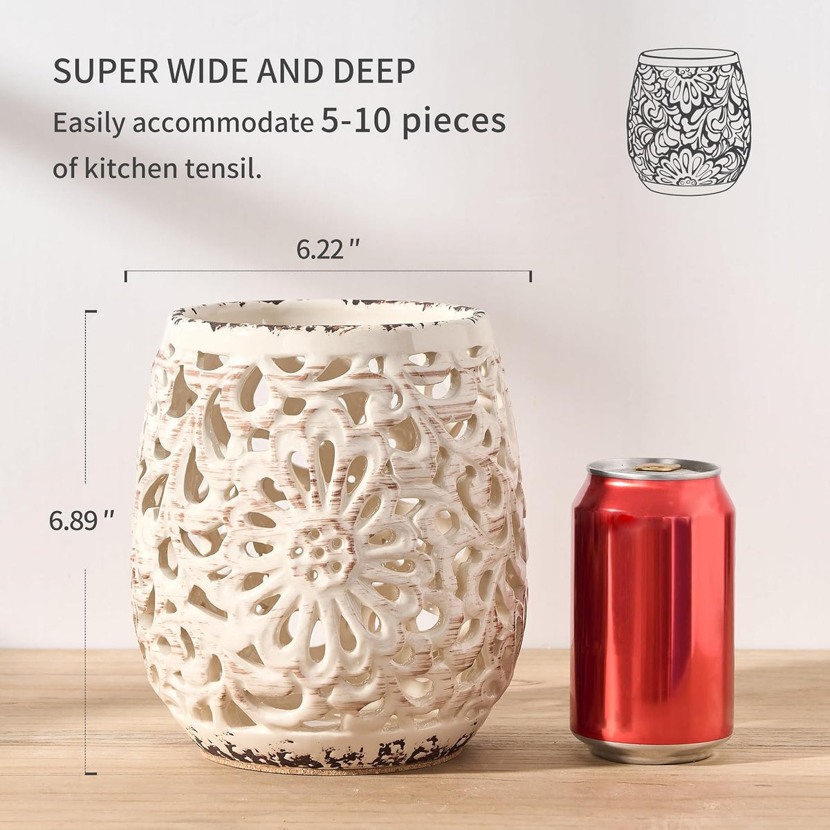 Farmhouse Kitchen Utensil Holder for Kitchen Counter, Ceramic Large Cooking Utensil Crock with Cork Mat, Countertop