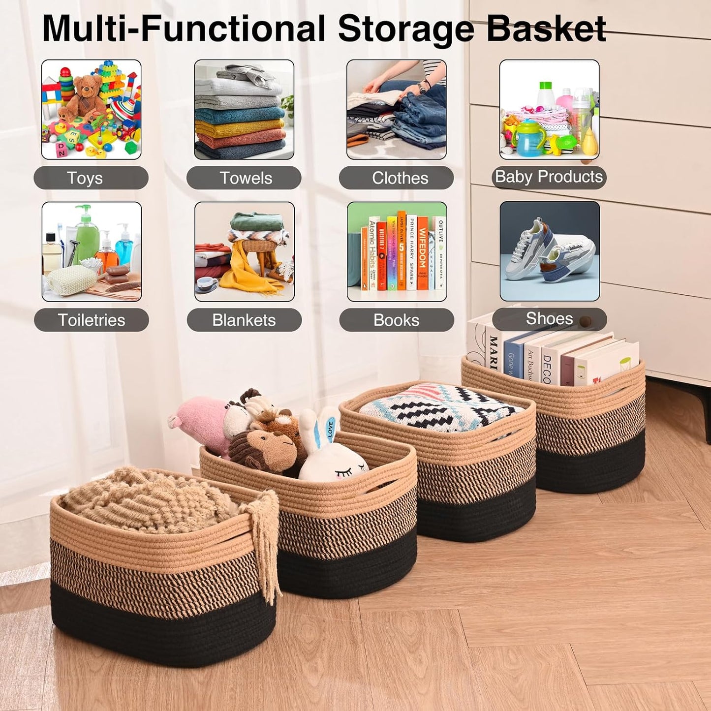 Woven Cotton Rope Baskets for Storage / Gradient Black & Jute