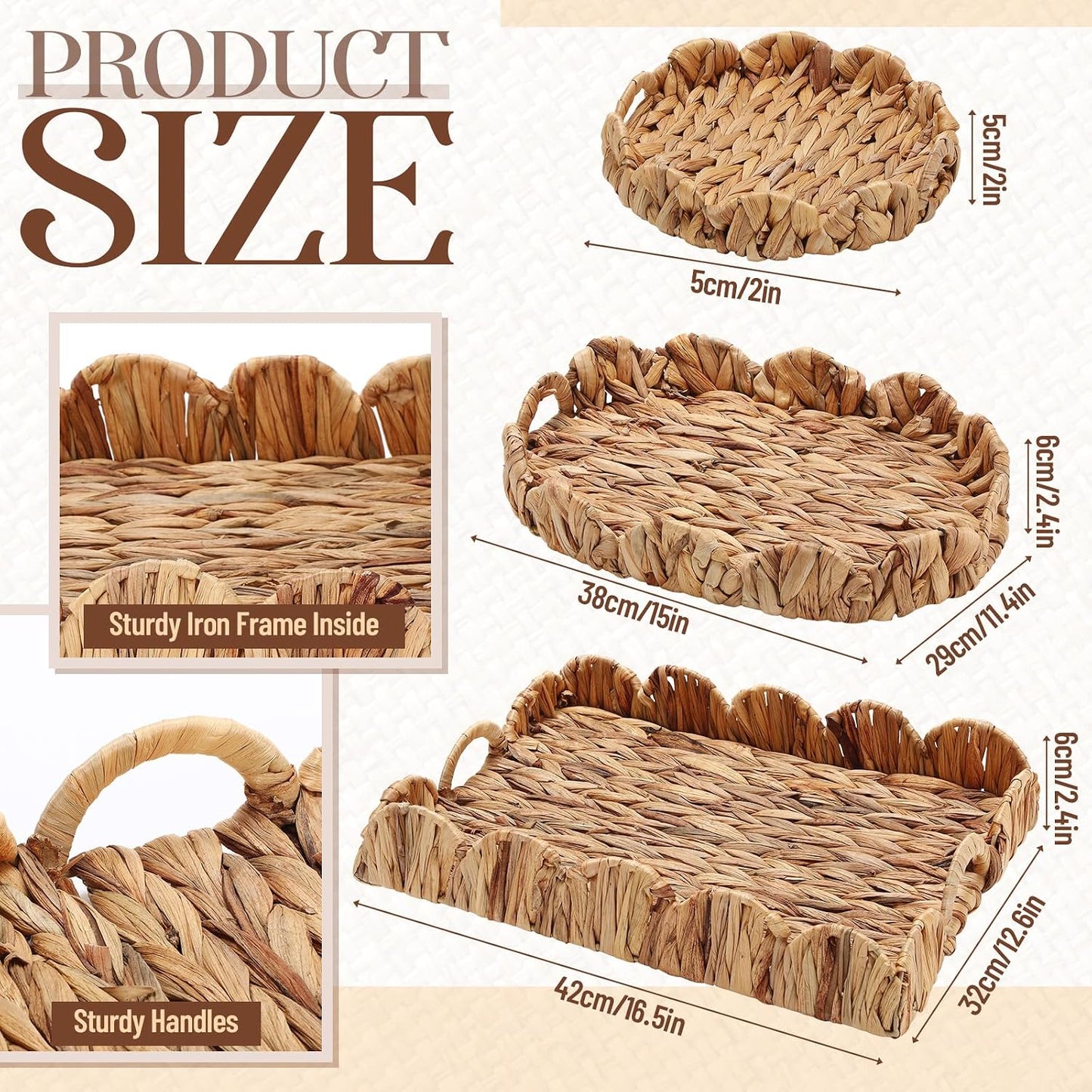 Handles 3 Sizes Decorative Seagrass Tray / Set of 3