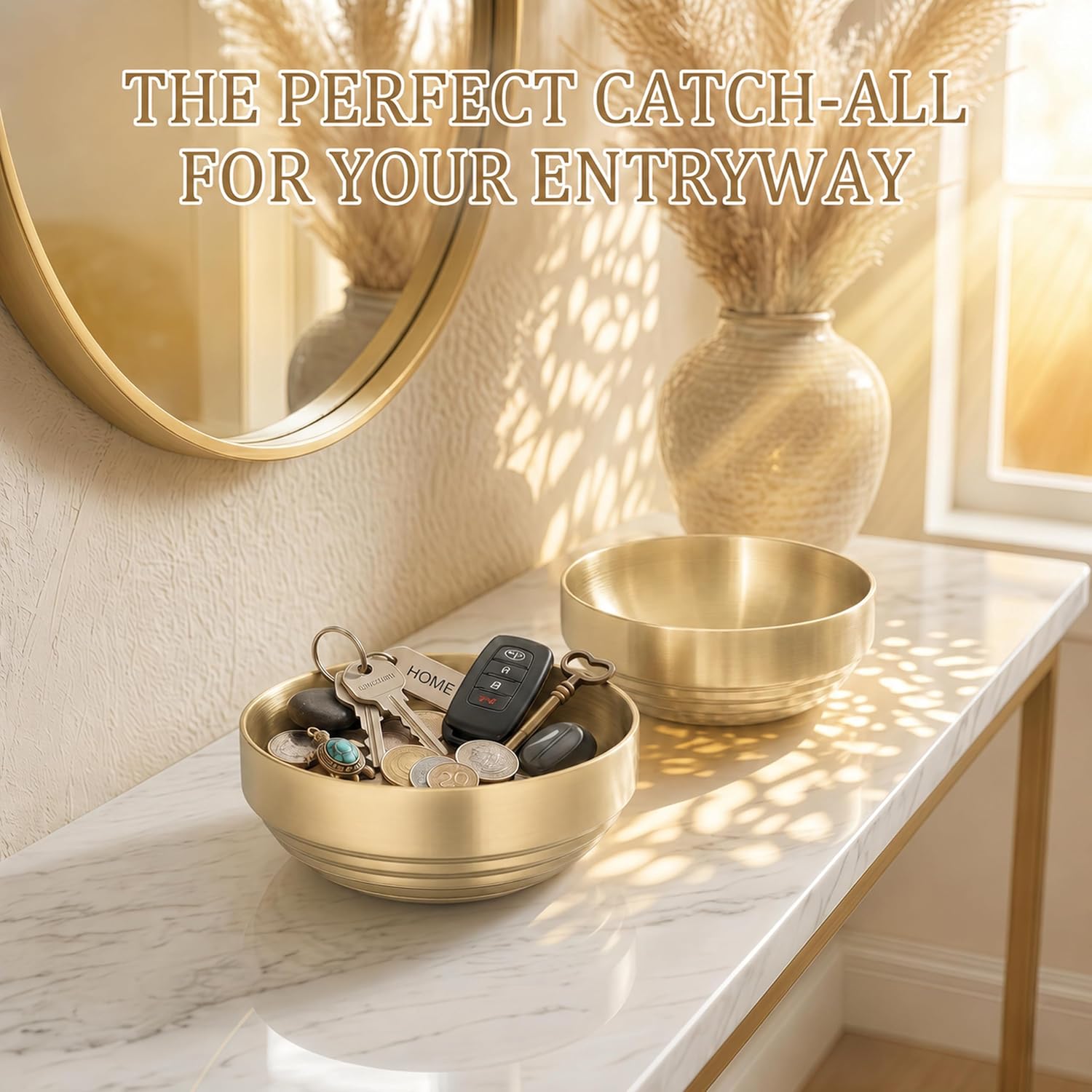 Catch All Bowl & Key Holder Tray / Gold / 7.4 Inch / Set of 2