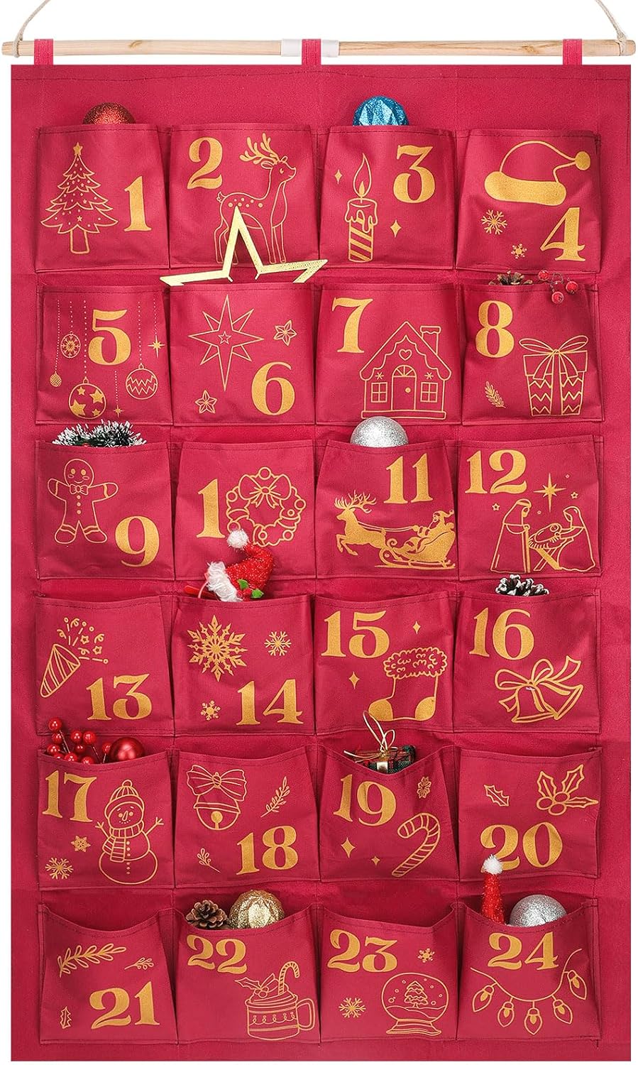 HOWAF Red Gold Fabric Christmas Advent Calendar with Pockets (Countdown to Christmas), 24 Days Mystery Christmas Countdown Calendar for Xmas Holiday Home Wall Decoration