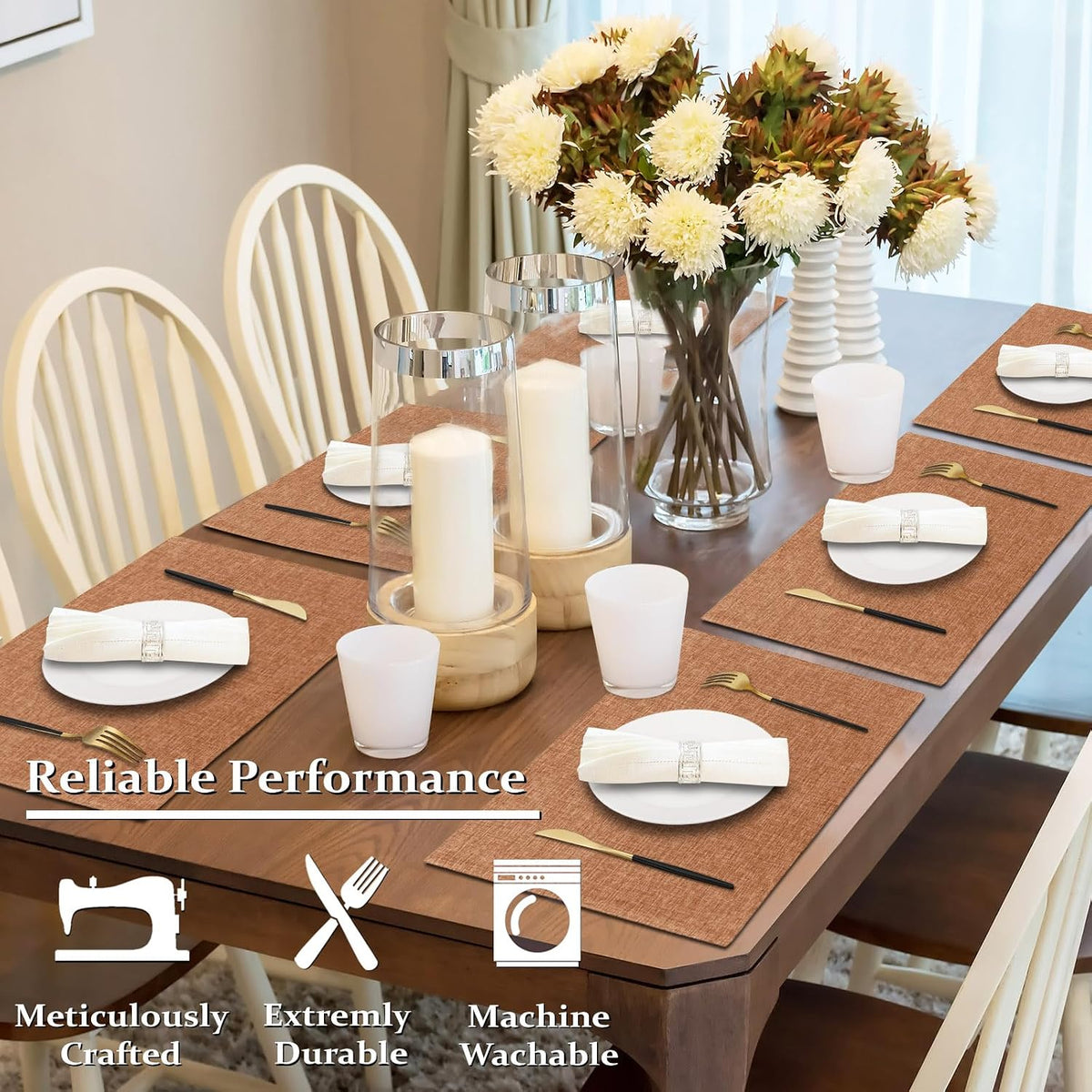 Cloth Placemats Set of 6, Cotton Linen Blend Place Mats, Flaxen | Machine Washable, Double Layered, Heat Resistant