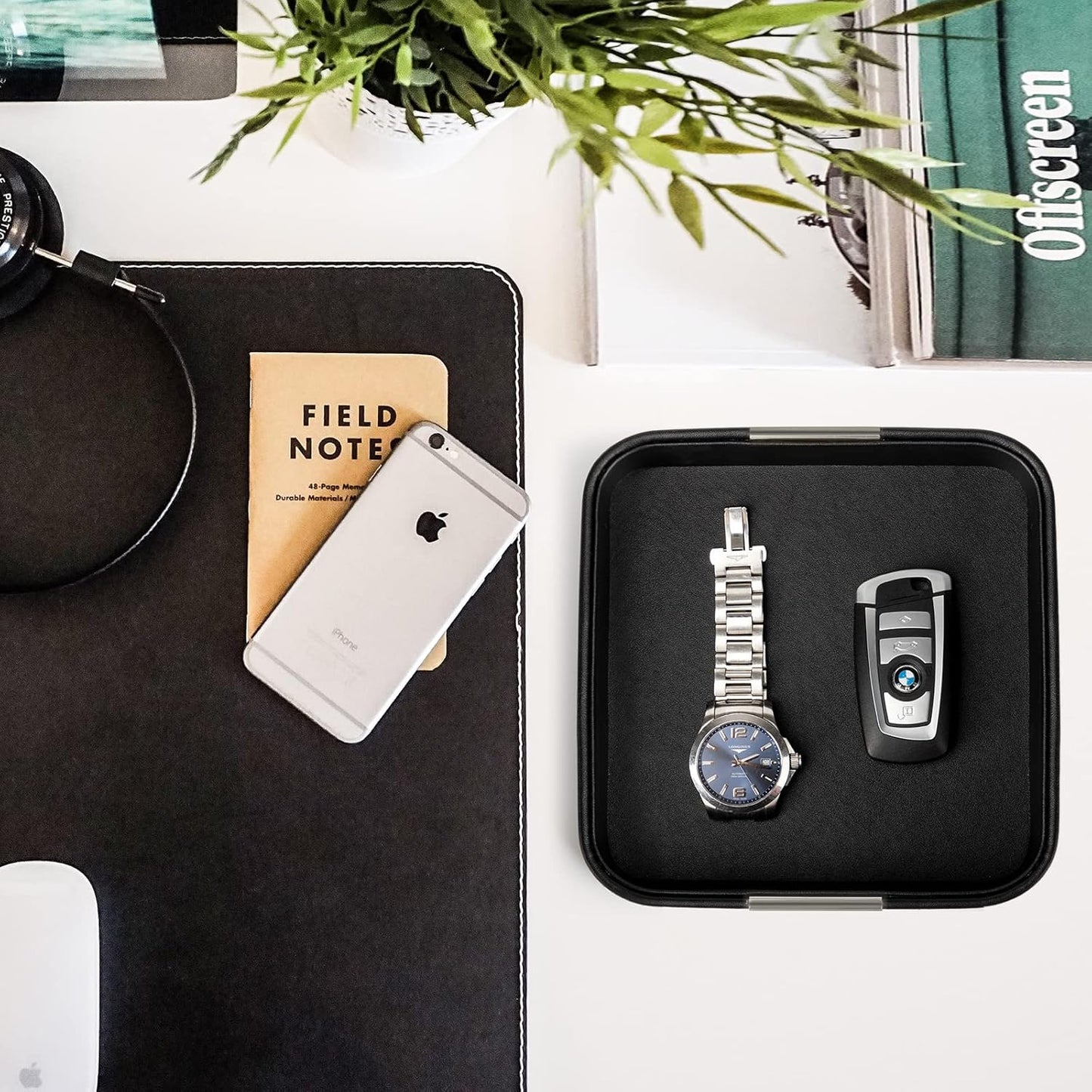Leather Desktop Storage Small Catchall Organizer Decorative Tray / 7.7 x 7.7 x 1.7 / Black