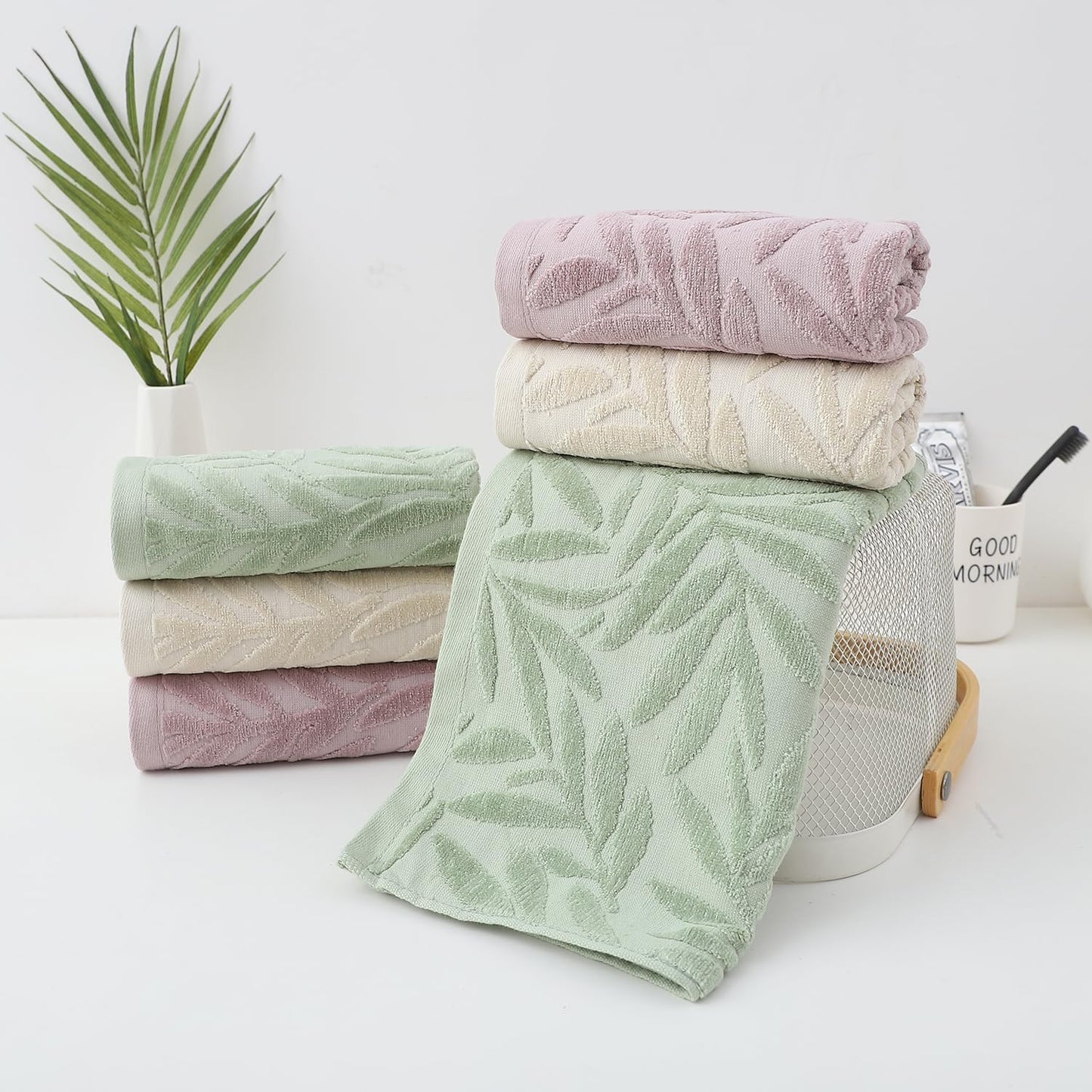 Hand Towels Set of 4 Leaf Pattern 100% Cotton Absorbent Soft Decorative Towel for Bathroom (Light Brown)